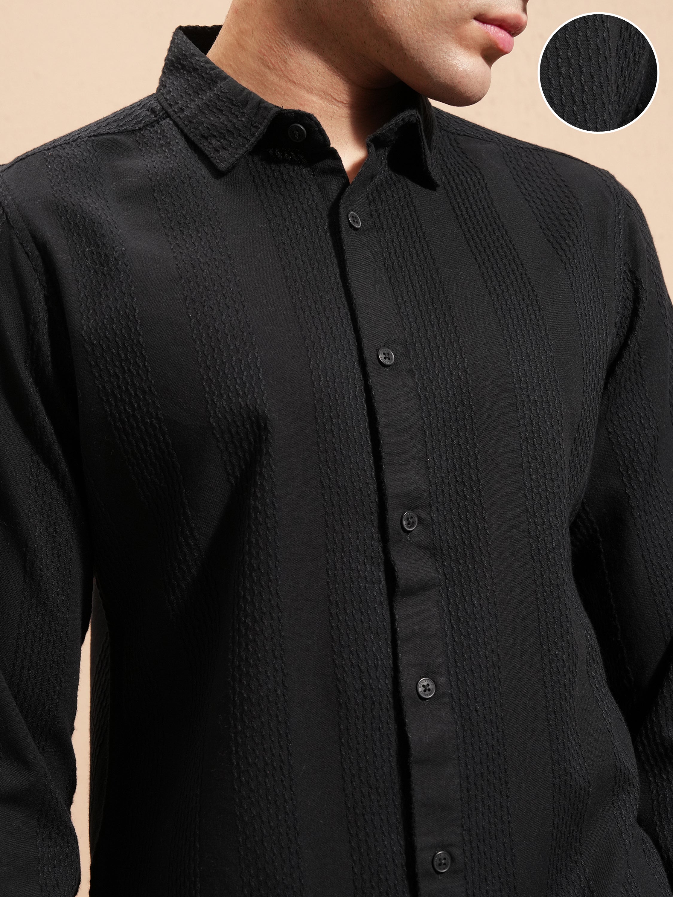 Highlander Men Black Self Design Slim Fit Casual Shirt - Black - Image 5