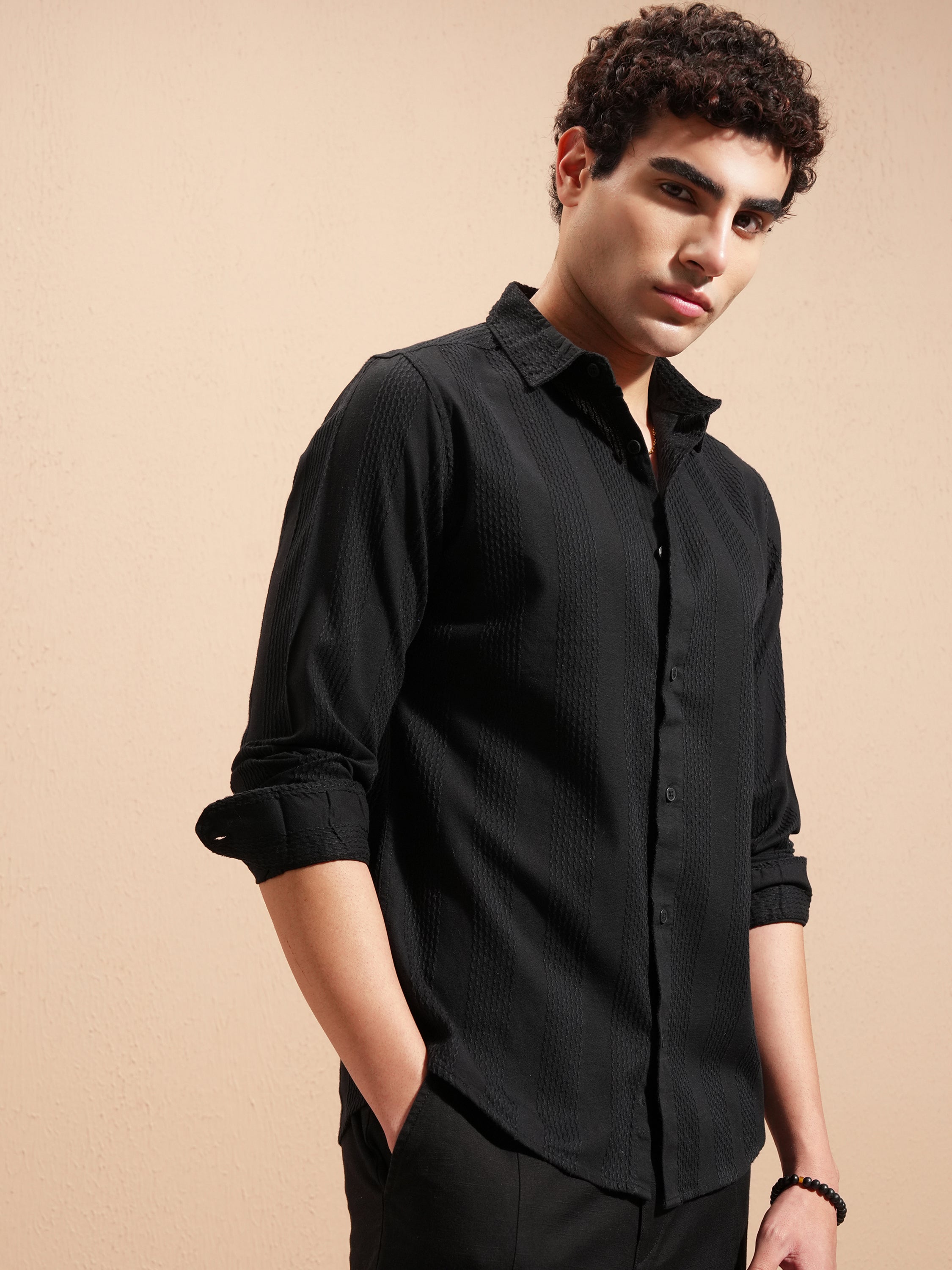 Highlander Men Black Self Design Slim Fit Casual Shirt - Black - Image 6