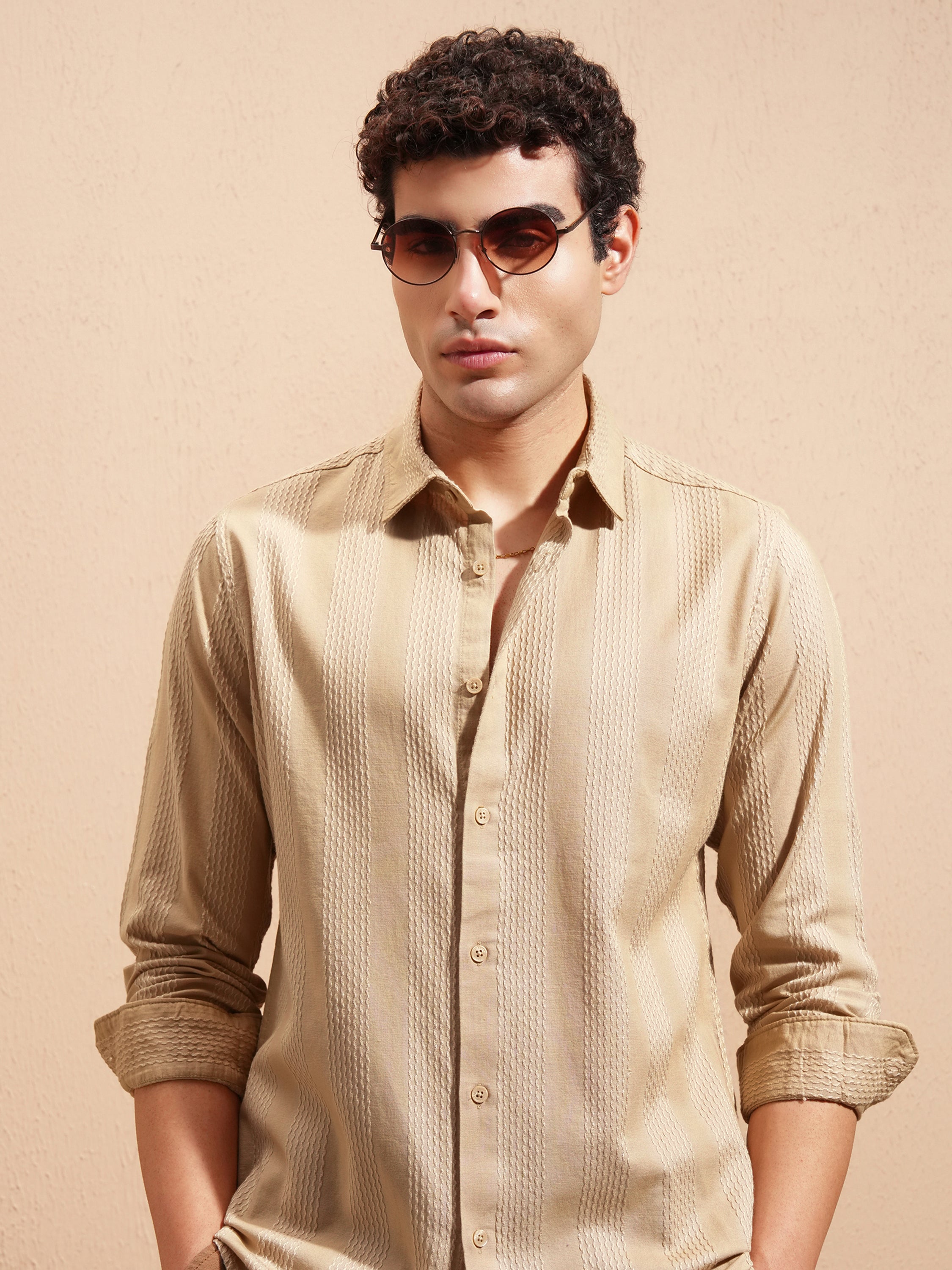 Highlander Men Beige Self Design Slim Fit Casual Shirt - Beige - Image 1