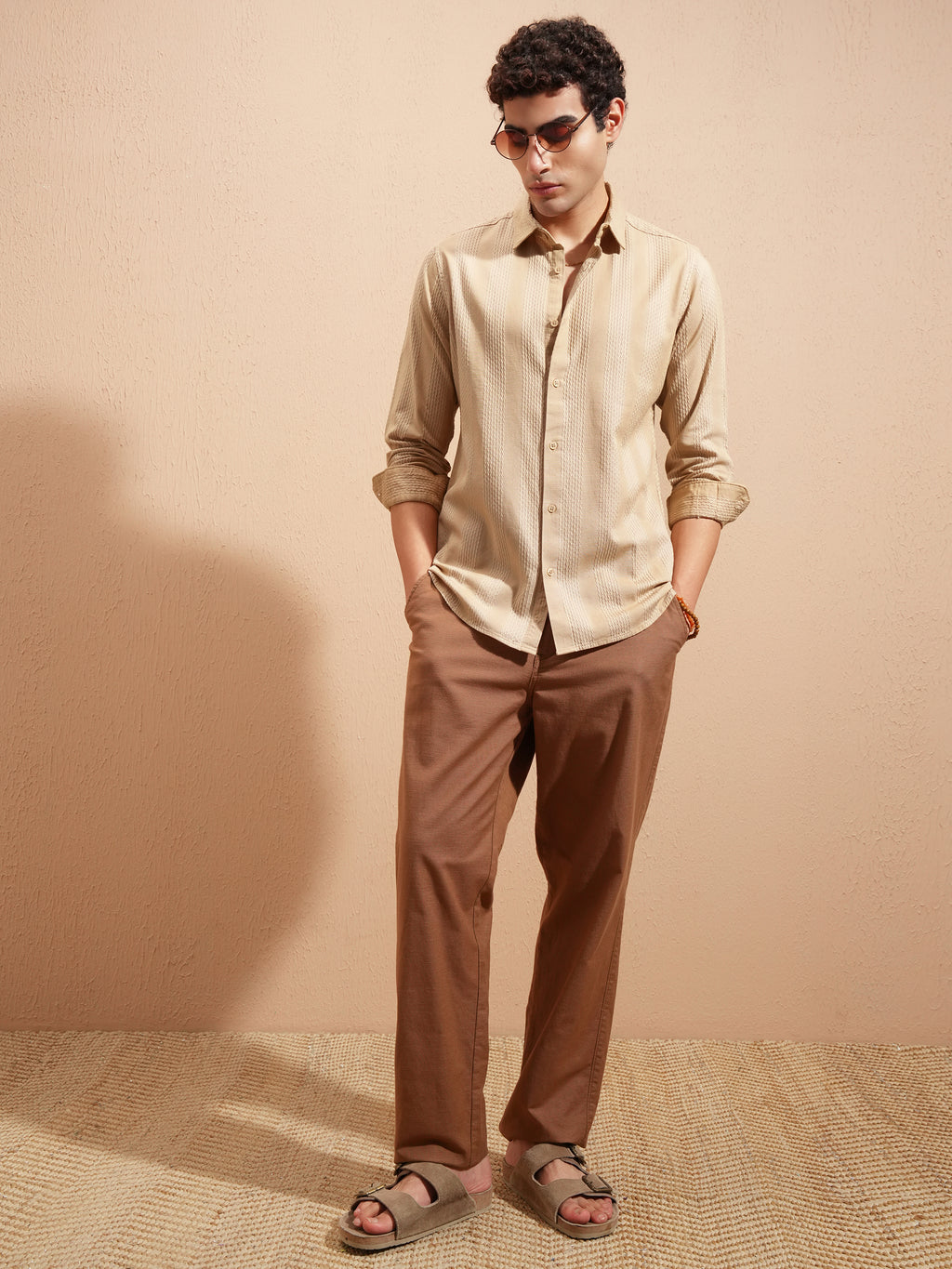 Highlander Men Beige Self Design Slim Fit Casual Shirt - Beige - Image 2