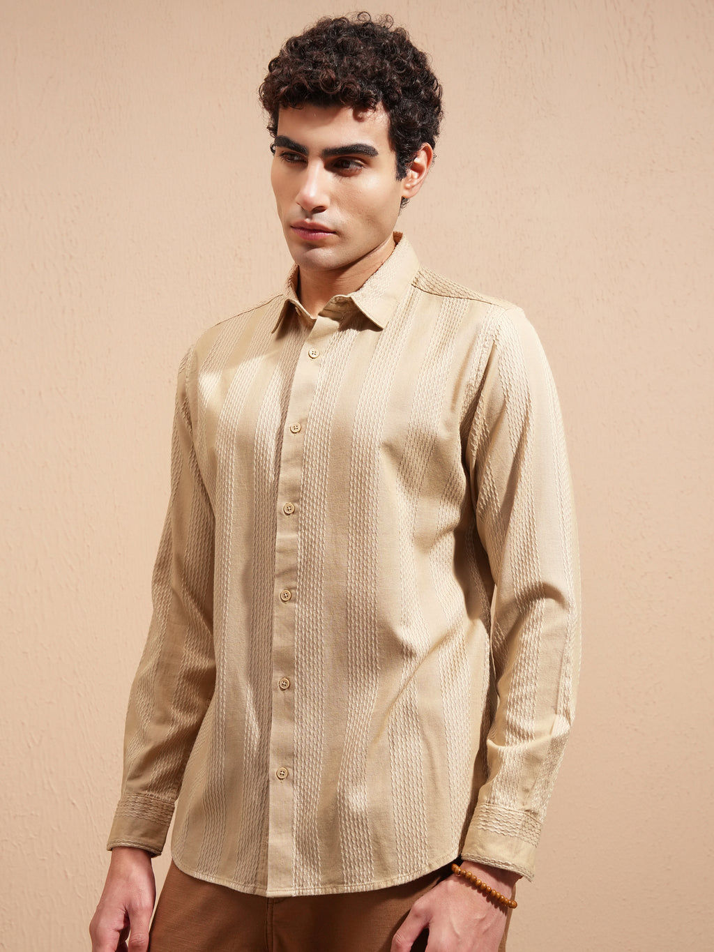 Highlander Men Beige Self Design Slim Fit Casual Shirt - Beige - Image 4