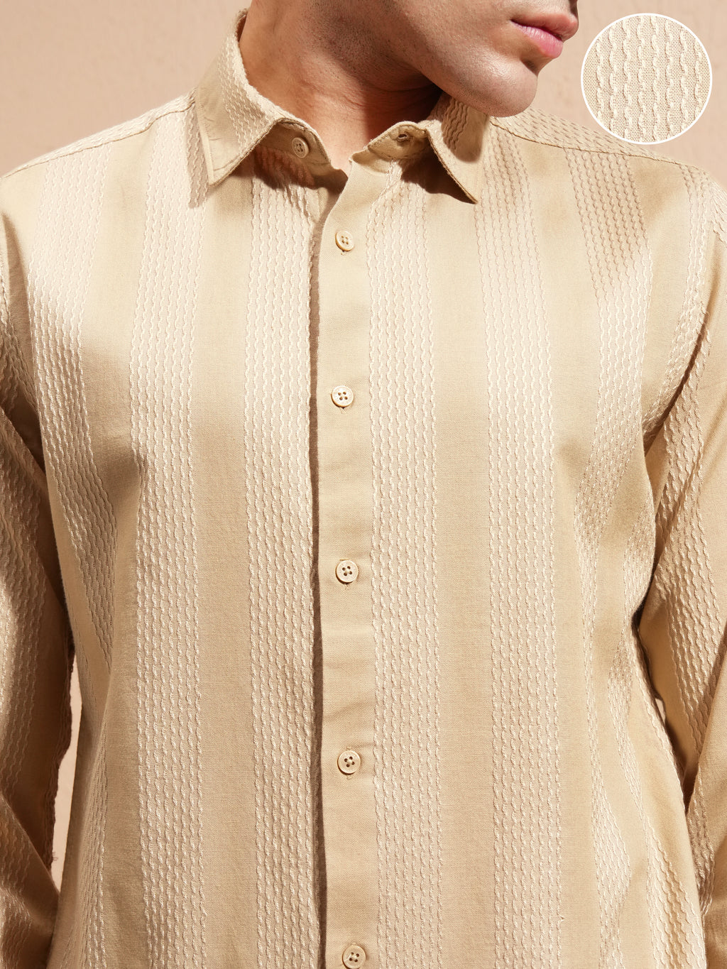 Highlander Men Beige Self Design Slim Fit Casual Shirt - Beige - Image 5