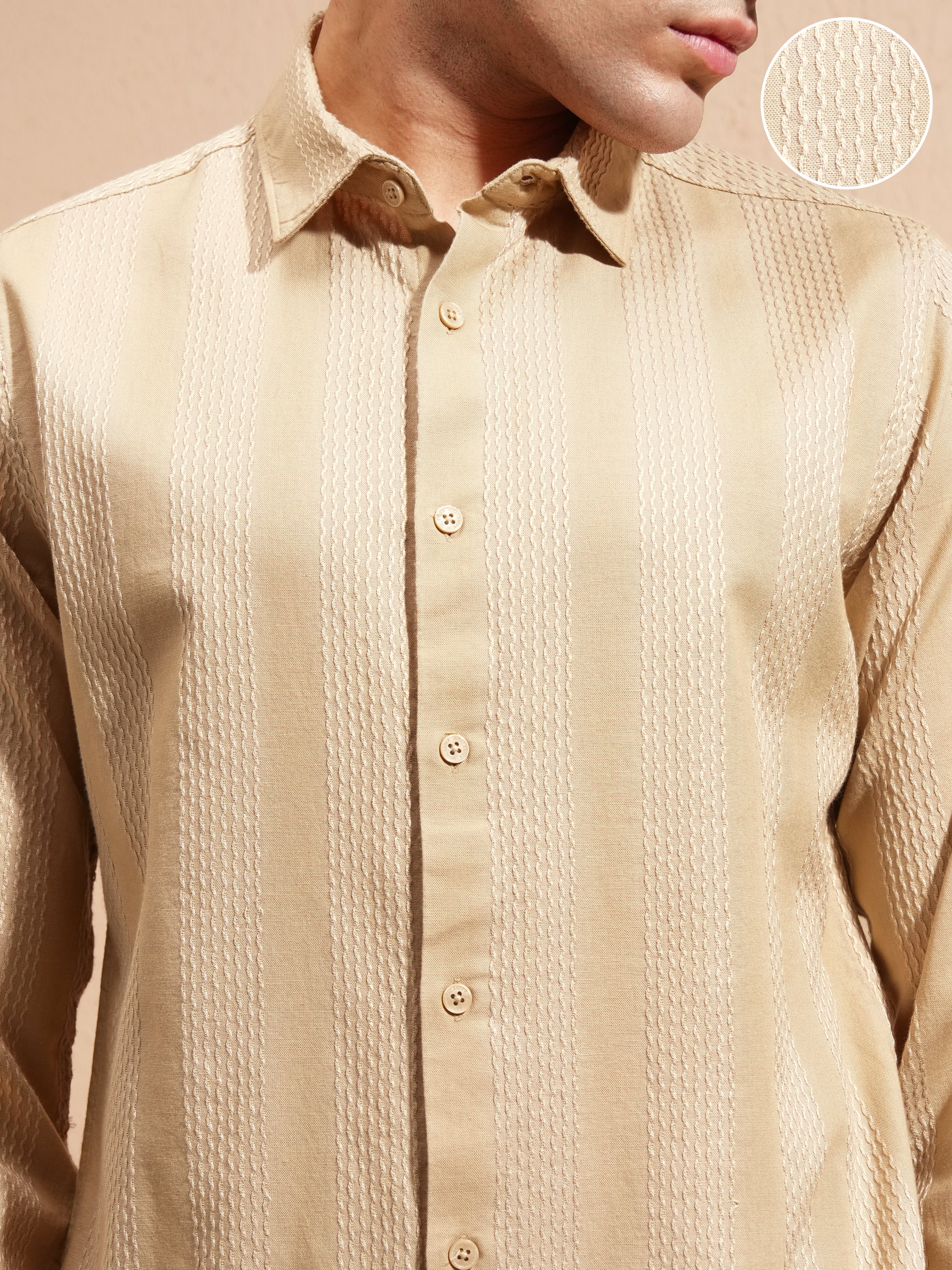 Highlander Men Beige Self Design Slim Fit Casual Shirt - Beige - Image 5