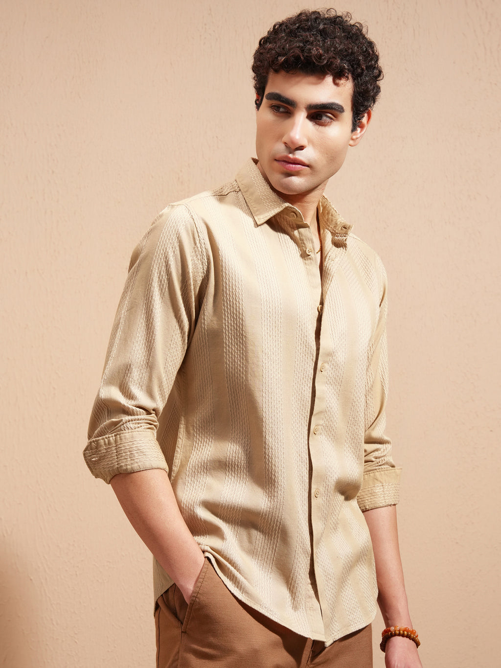 Highlander Men Beige Self Design Slim Fit Casual Shirt - Beige - Image 6