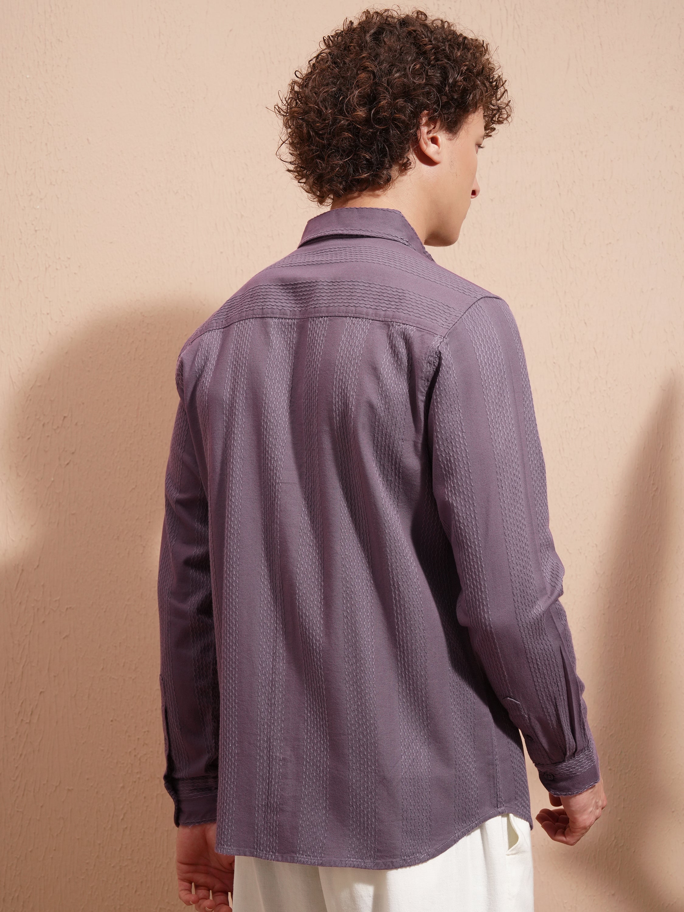 Highlander Men Purple Striped Slim Fit Casual Shirt - Purple - Image 3