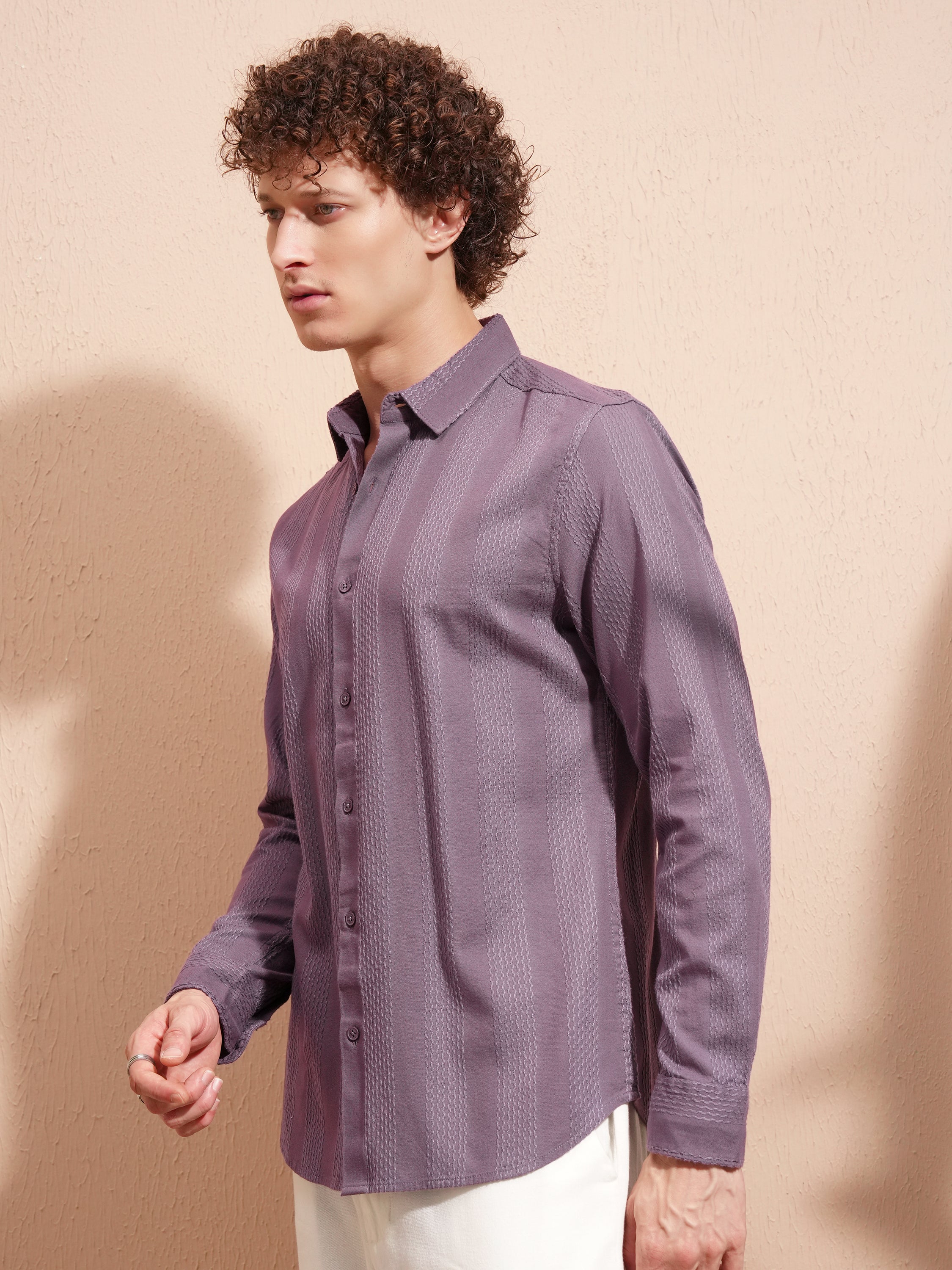 Highlander Men Purple Striped Slim Fit Casual Shirt - Purple - Image 4