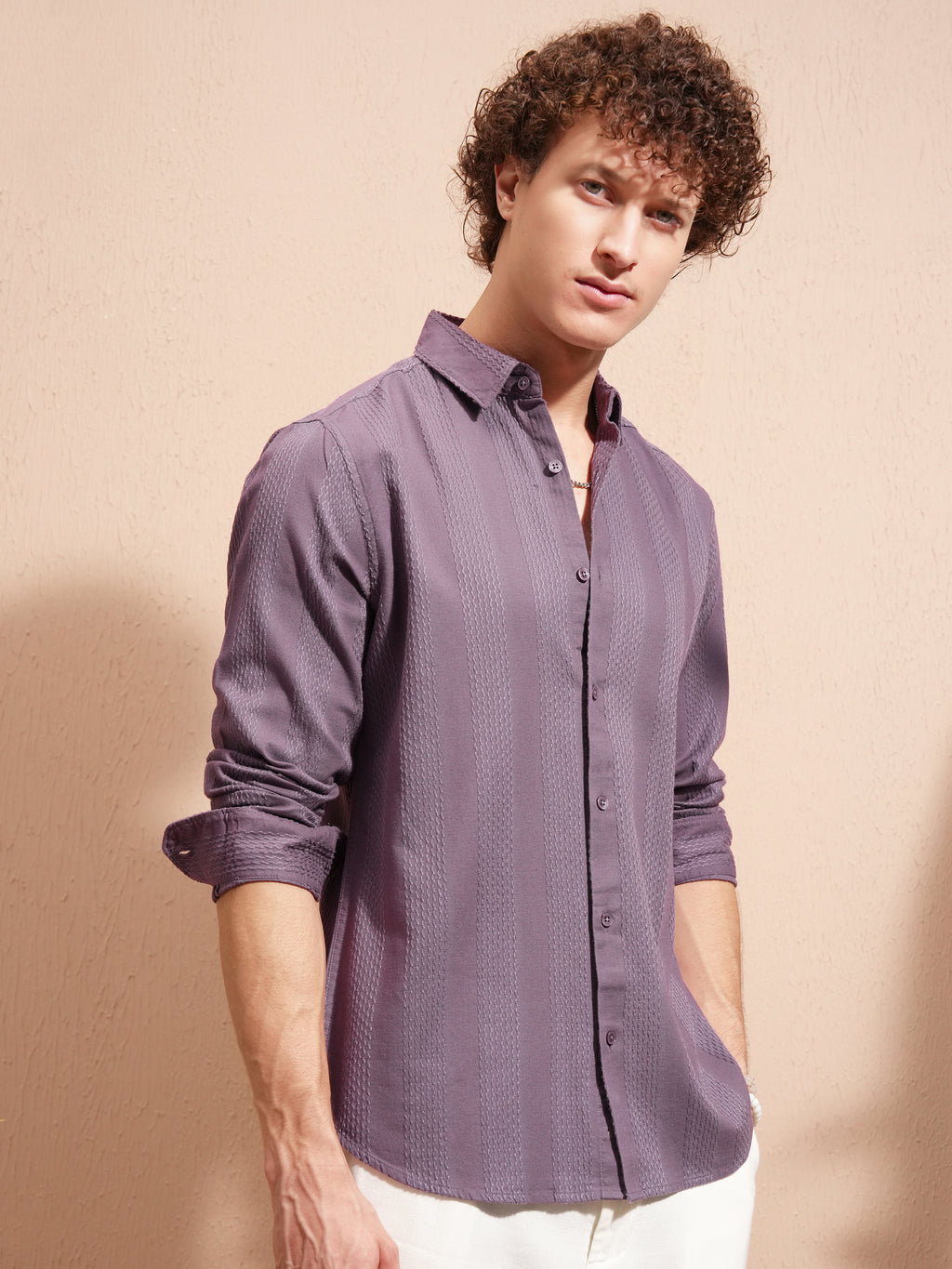 Highlander Men Purple Striped Slim Fit Casual Shirt - Purple - Image 6