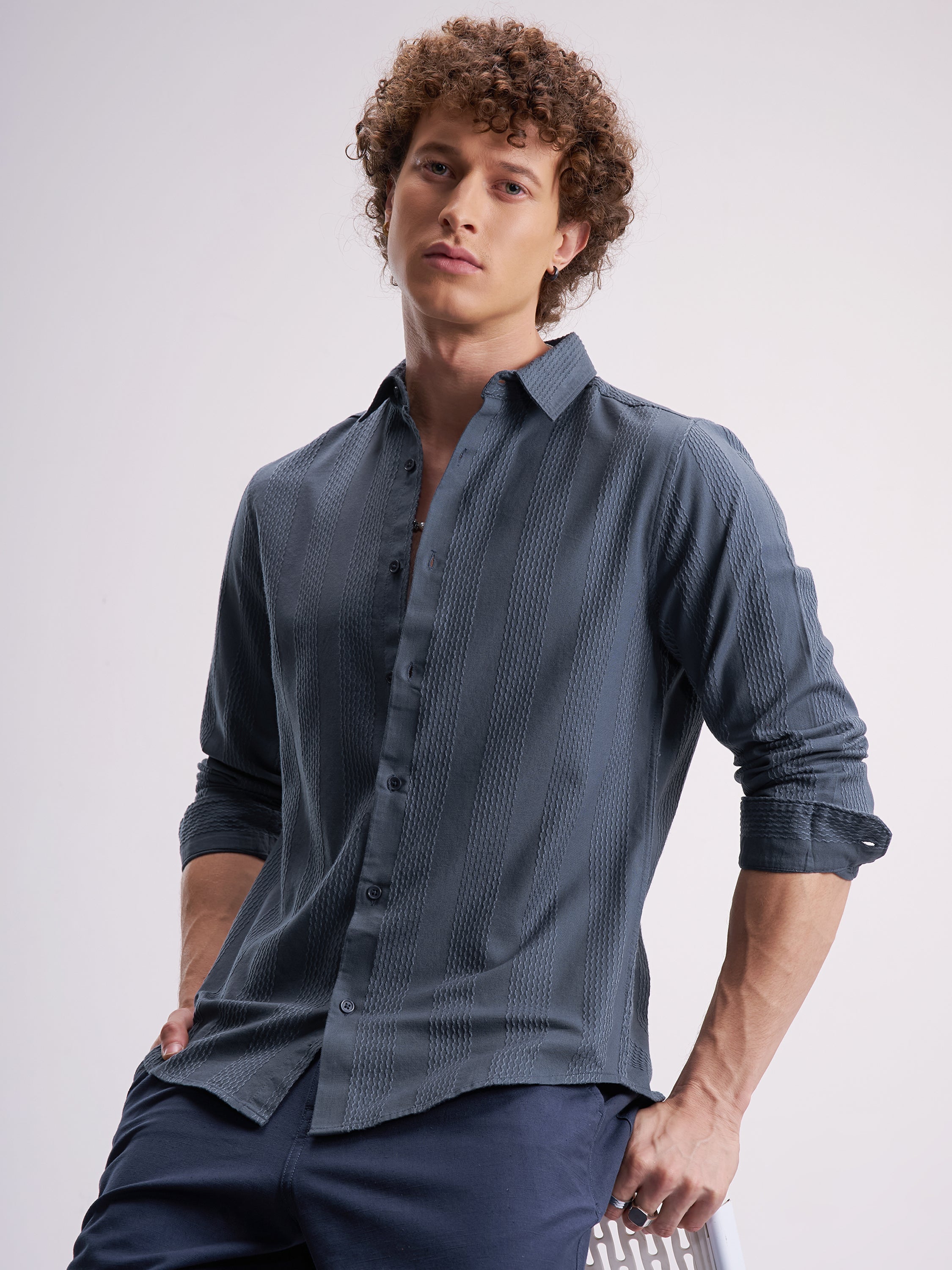 Highlander Men Blue Self Design Slim Fit Casual Shirt - Blue - Image 1