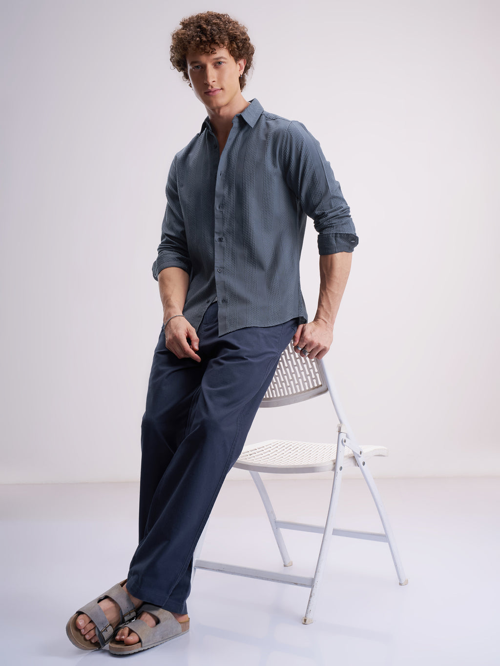 Highlander Men Blue Self Design Slim Fit Casual Shirt - Blue - Image 2