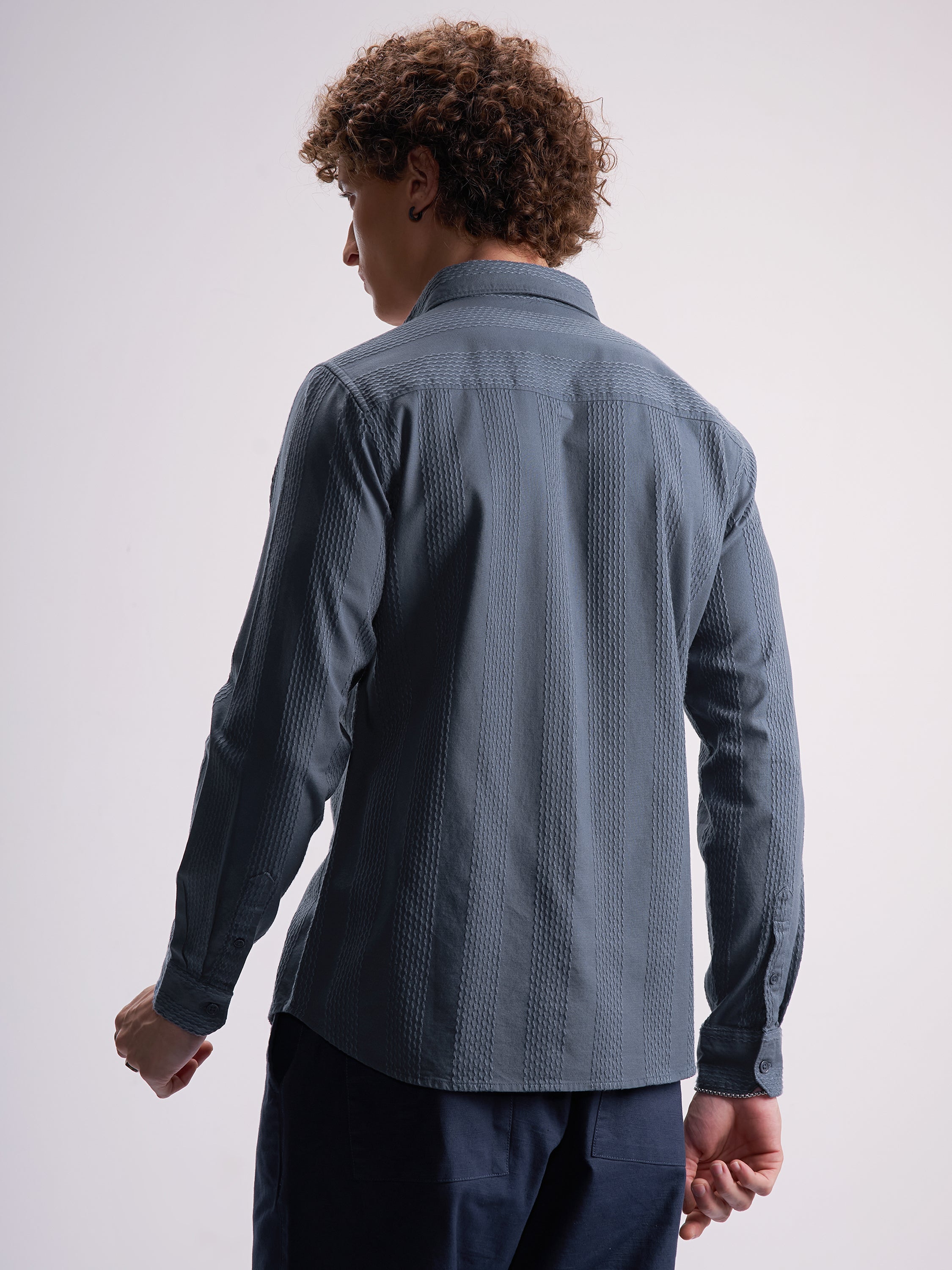 Highlander Men Blue Self Design Slim Fit Casual Shirt - Blue - Image 3
