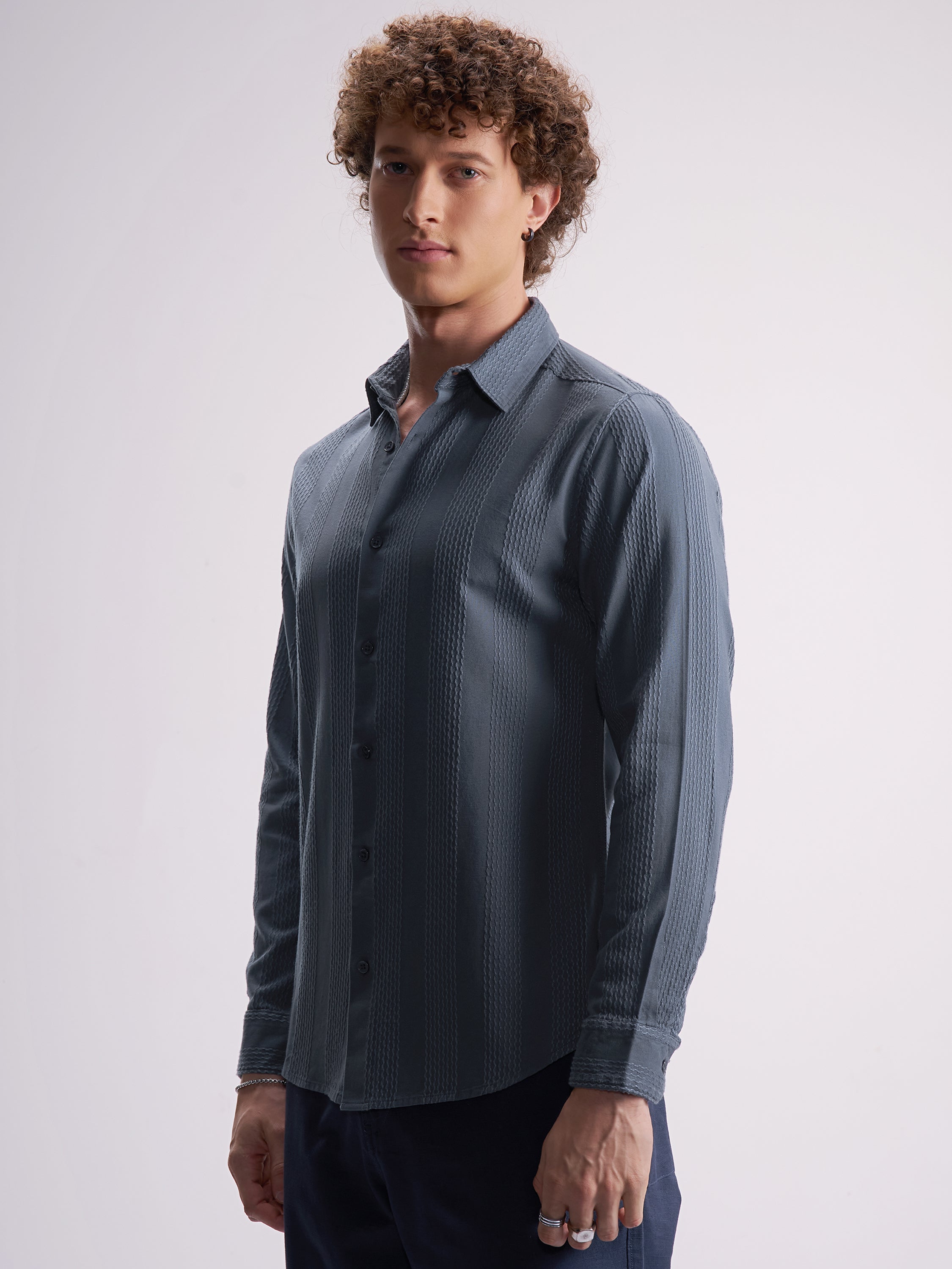 Highlander Men Blue Self Design Slim Fit Casual Shirt - Blue - Image 4