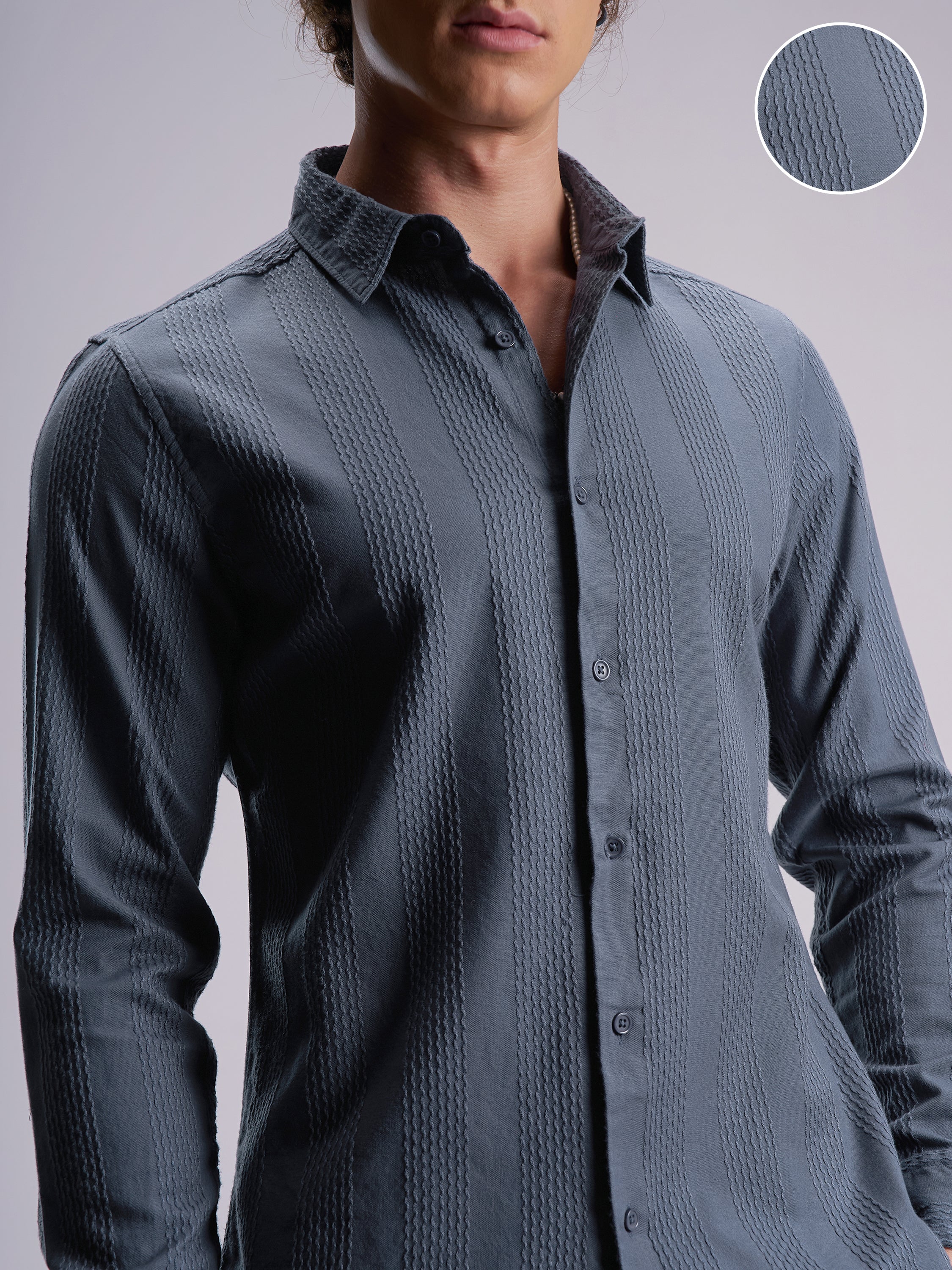Highlander Men Blue Self Design Slim Fit Casual Shirt - Blue - Image 5