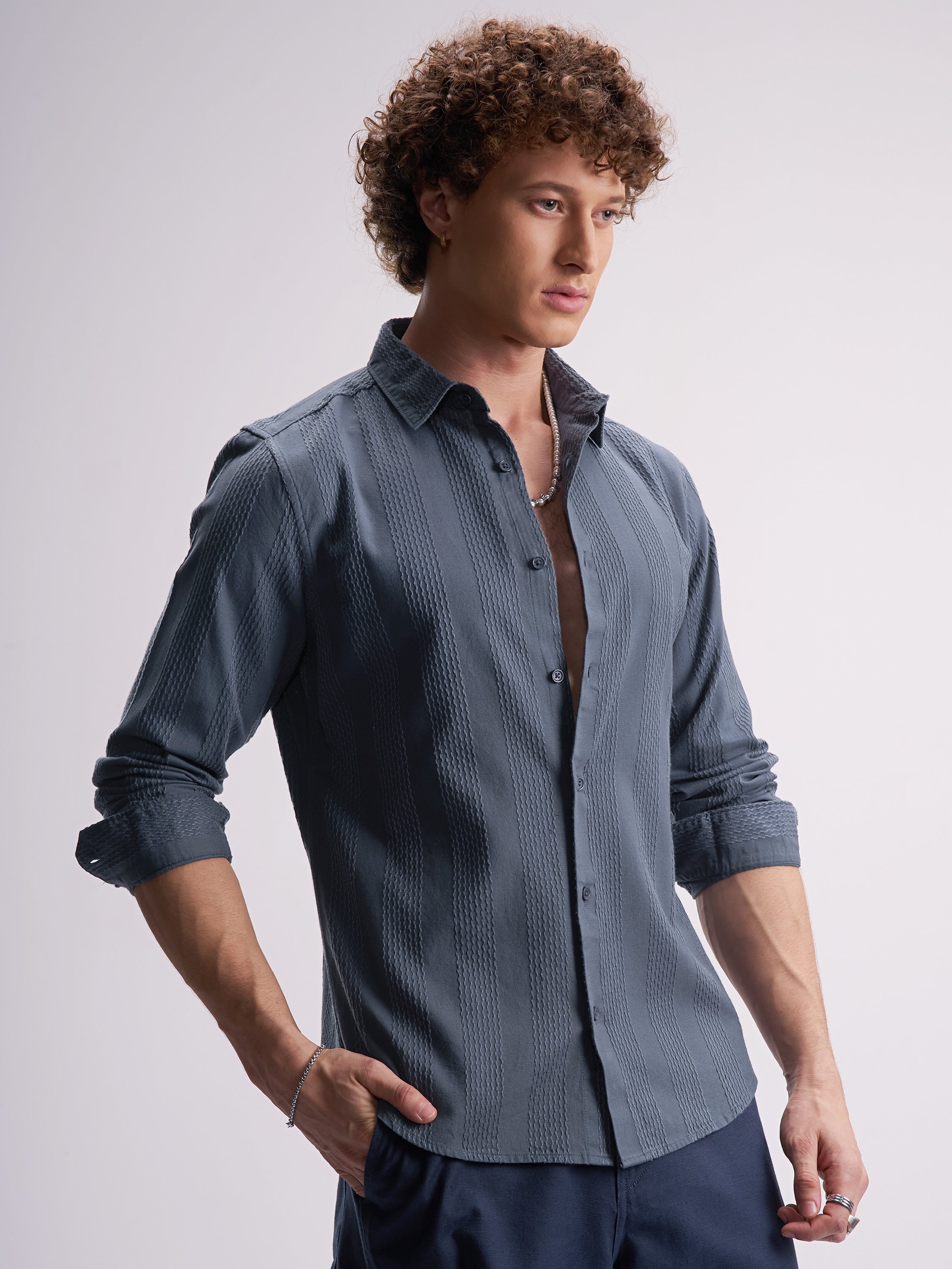 Highlander Men Blue Self Design Slim Fit Casual Shirt - Blue - Image 6