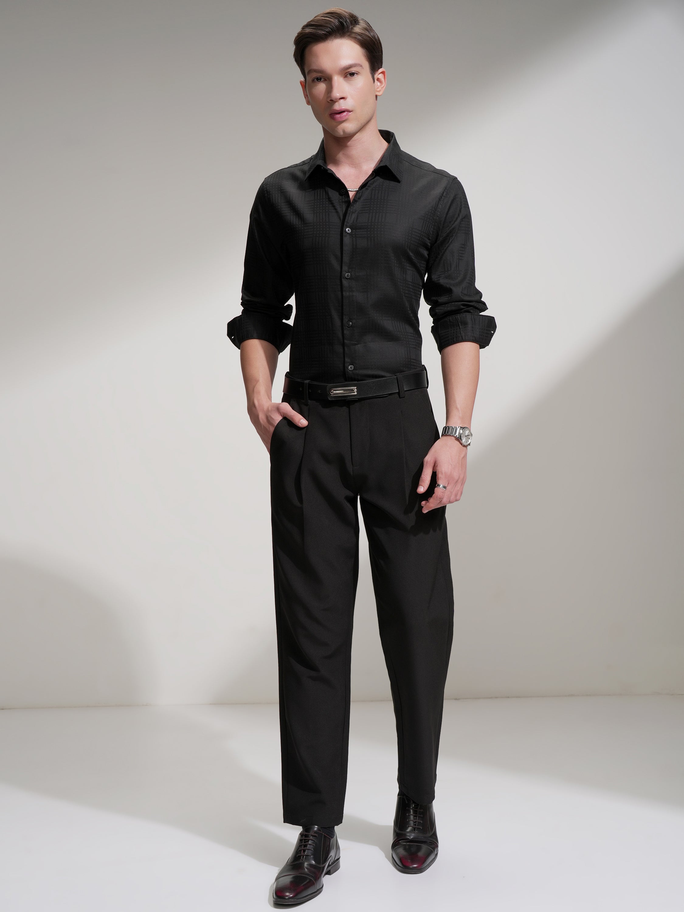 Highlander Men Black Self Design Slim Fit Casual Shirt - Black - Image 2