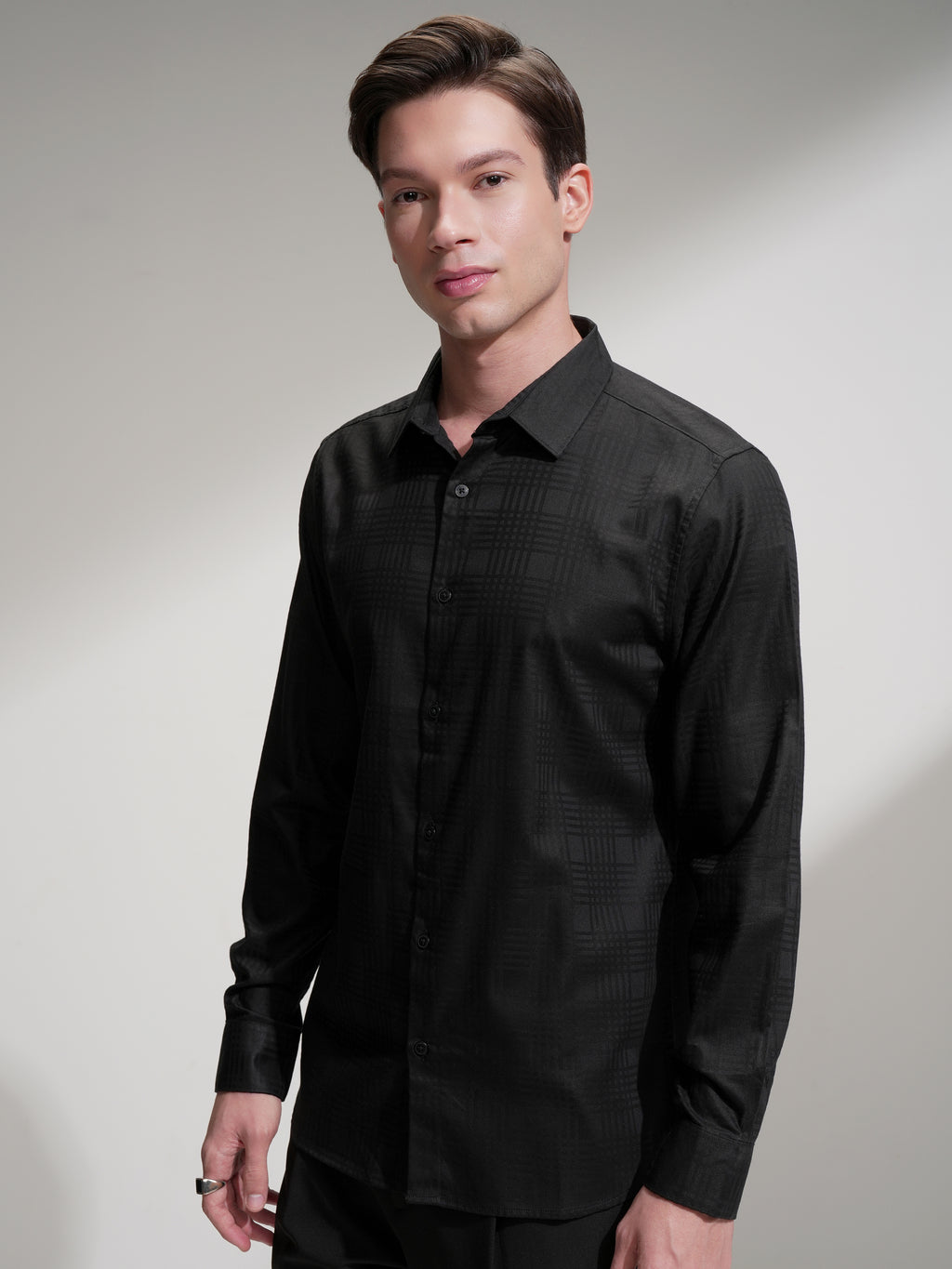 Highlander Men Black Self Design Slim Fit Casual Shirt - Black - Image 4