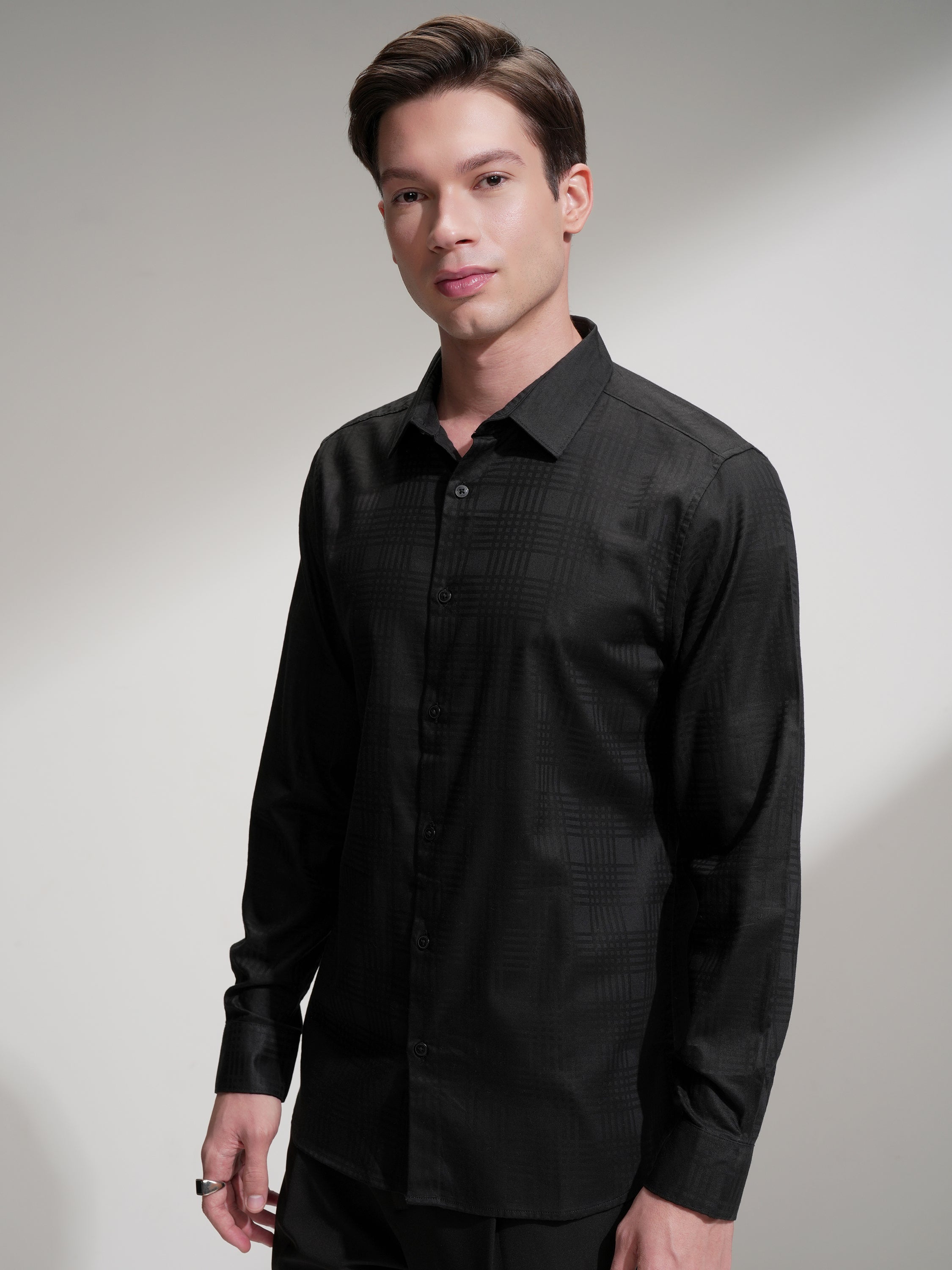 Highlander Men Black Self Design Slim Fit Casual Shirt - Black - Image 4