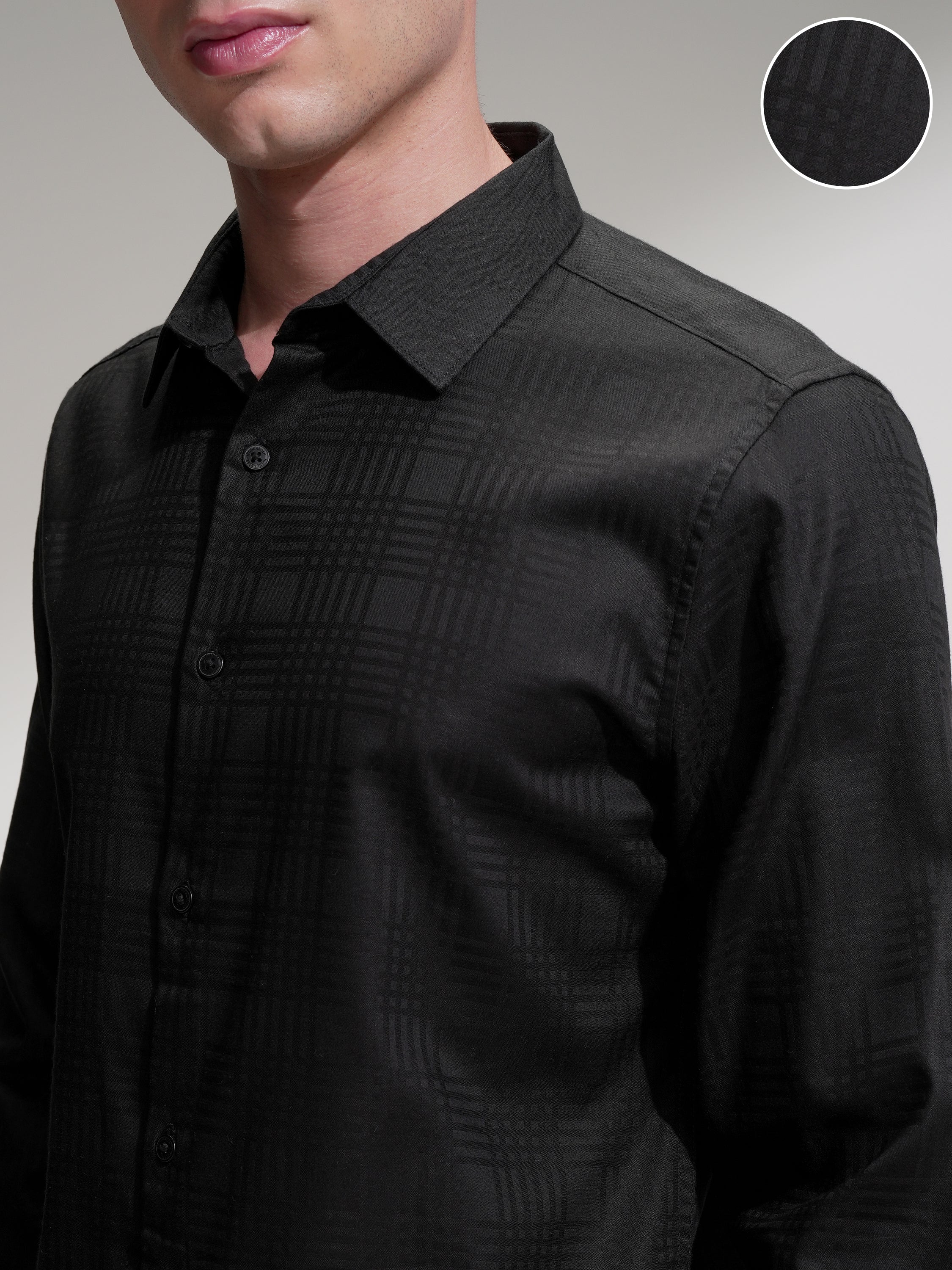 Highlander Men Black Self Design Slim Fit Casual Shirt - Black - Image 5