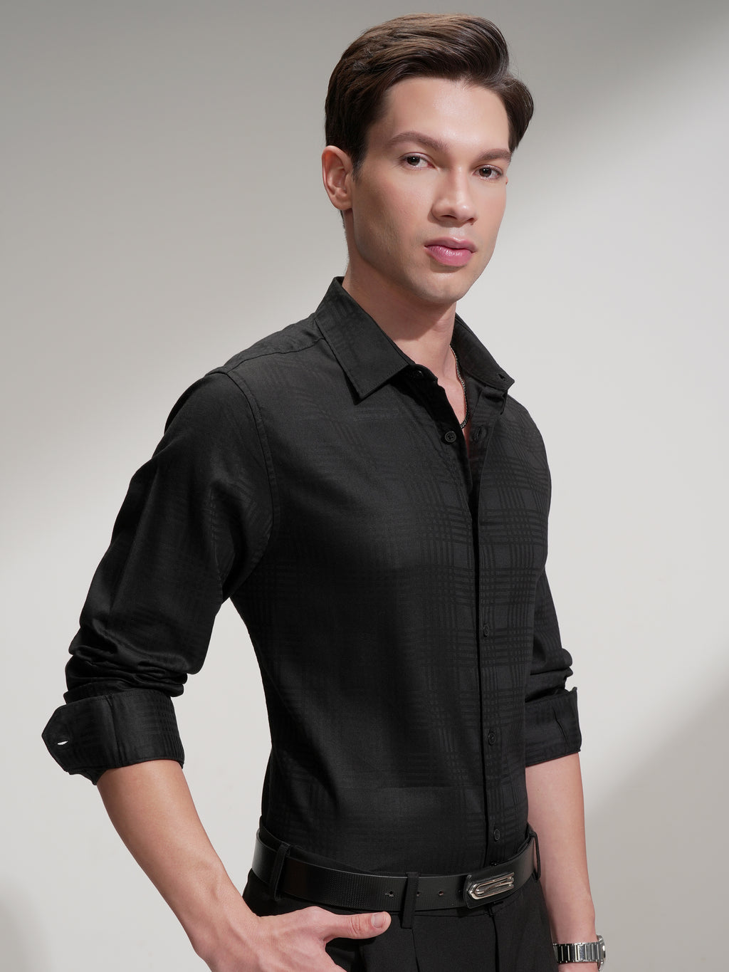 Highlander Men Black Self Design Slim Fit Casual Shirt - Black - Image 6
