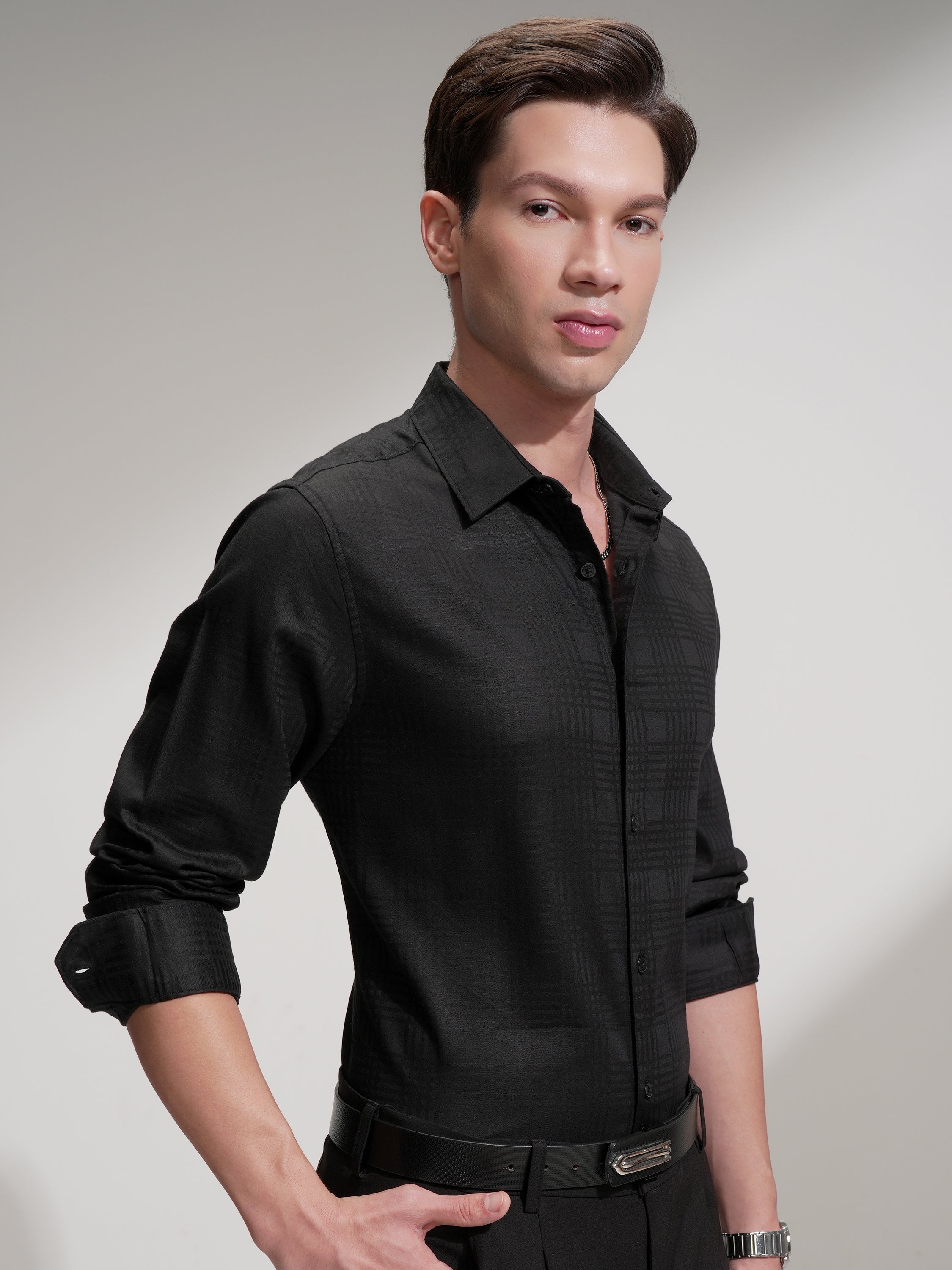 Highlander Men Black Self Design Slim Fit Casual Shirt - Black - Image 6