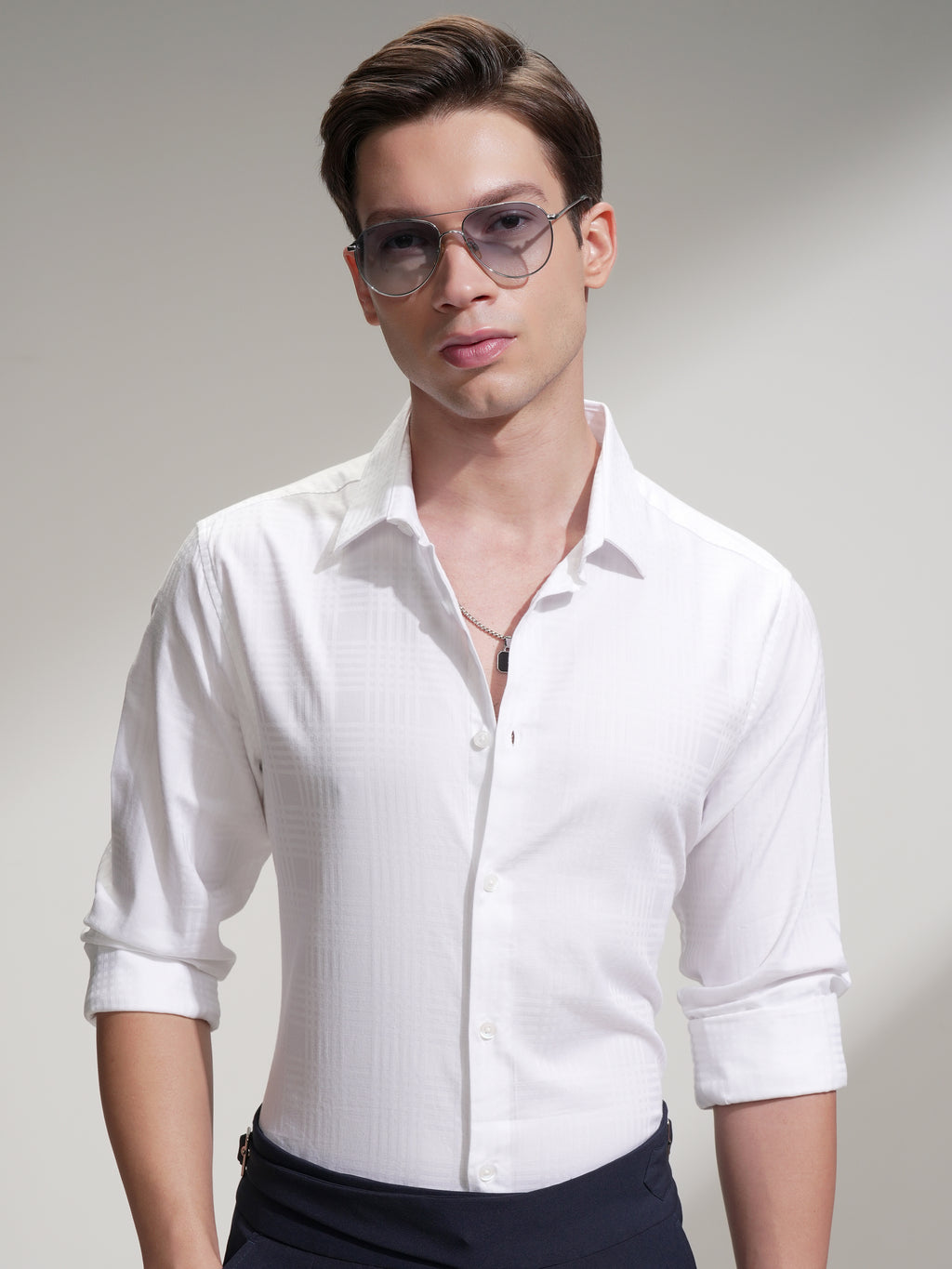 Highlander Men White Self Design Slim Fit Casual Shirt - White - Image 1