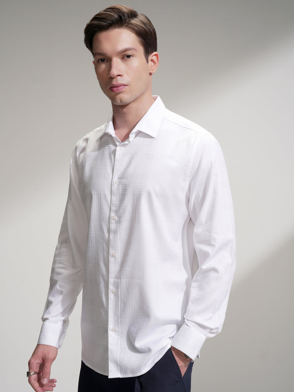Highlander Men White Self Design Slim Fit Casual Shirt - White - Image 4