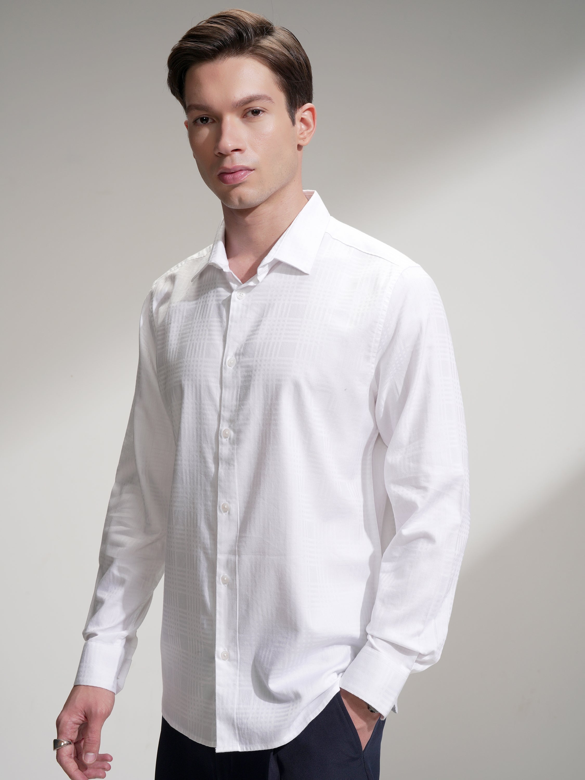 Highlander Men White Self Design Slim Fit Casual Shirt - White - Image 4