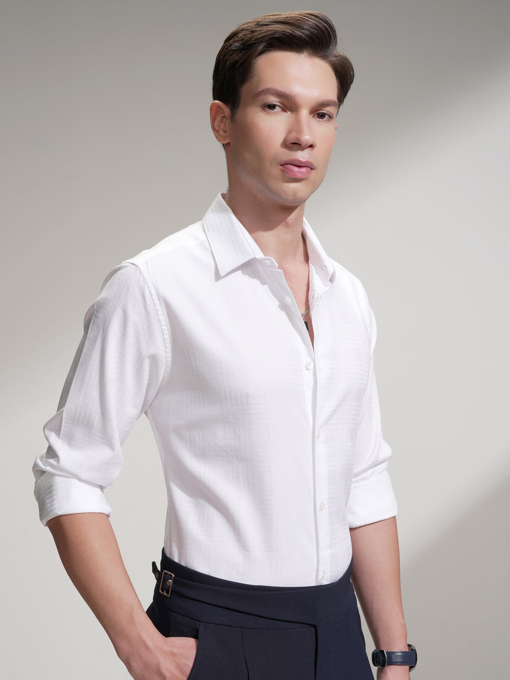 Highlander Men White Self Design Slim Fit Casual Shirt - White - Image 6
