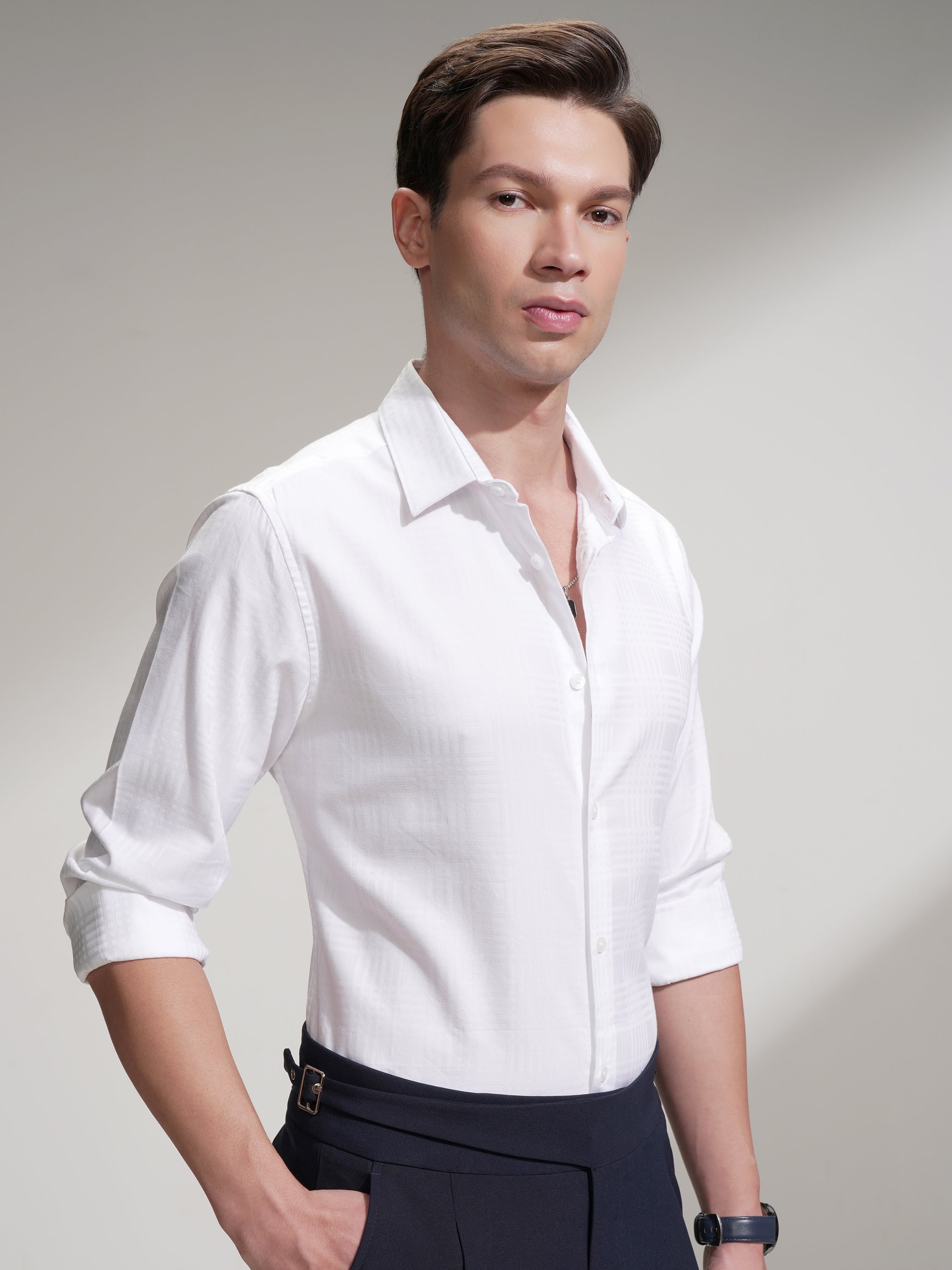 Highlander Men White Self Design Slim Fit Casual Shirt - White - Image 6