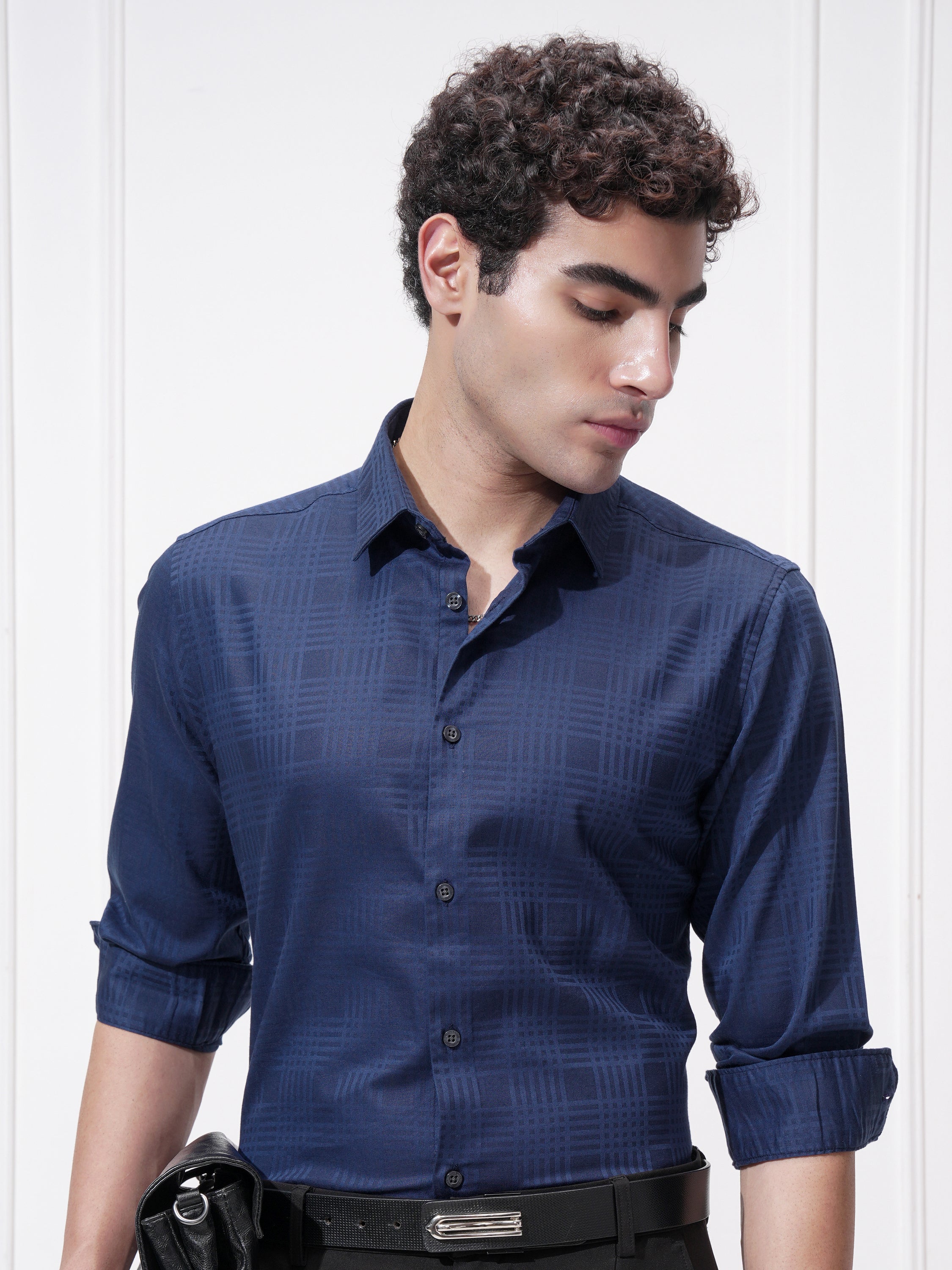 Highlander Men Blue Self Design Slim Fit Casual Shirt - Blue - Image 1