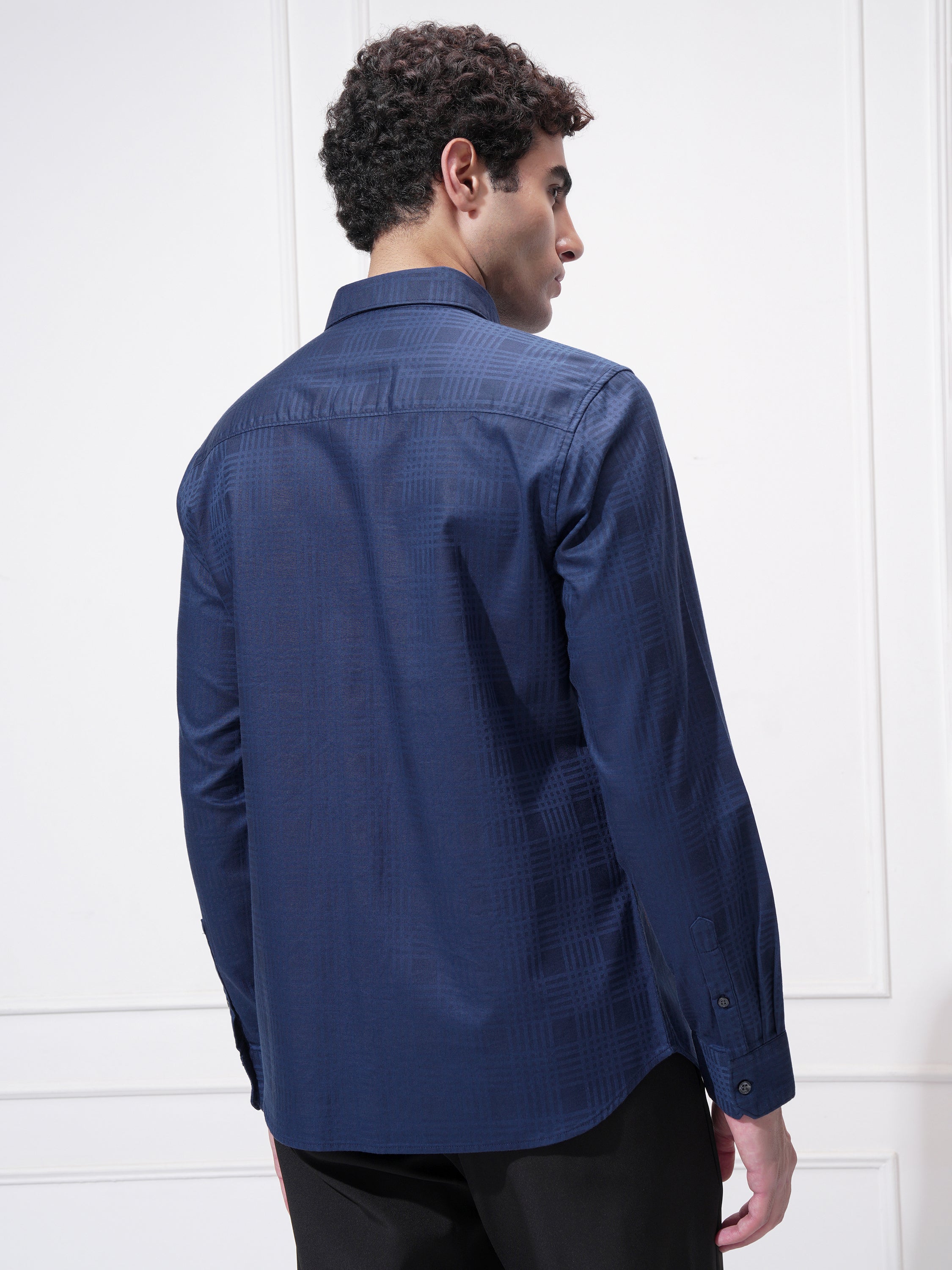 Highlander Men Blue Self Design Slim Fit Casual Shirt - Blue - Image 3