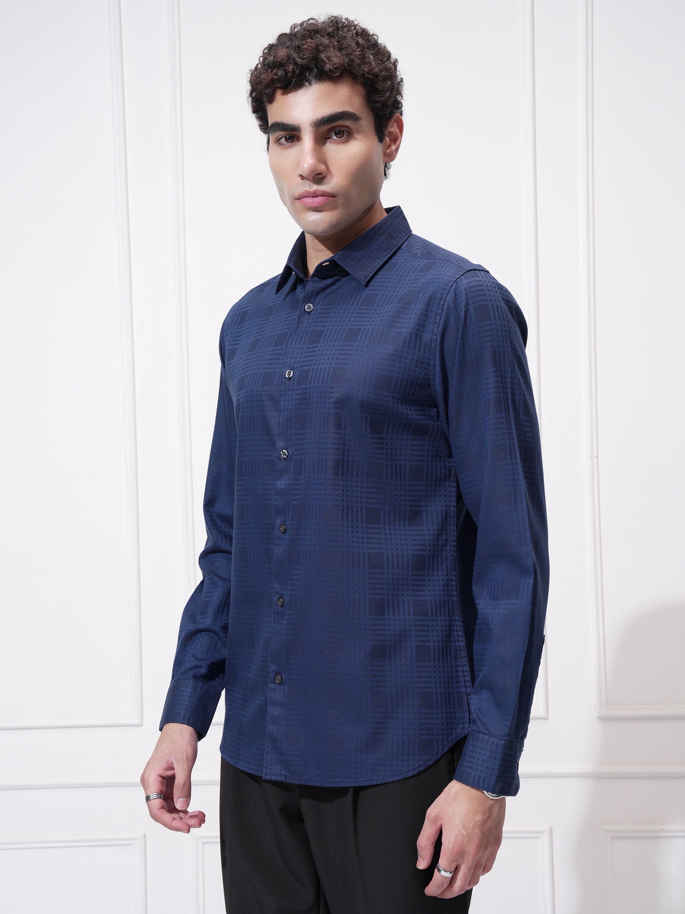 Highlander Men Blue Self Design Slim Fit Casual Shirt - Blue - Image 4