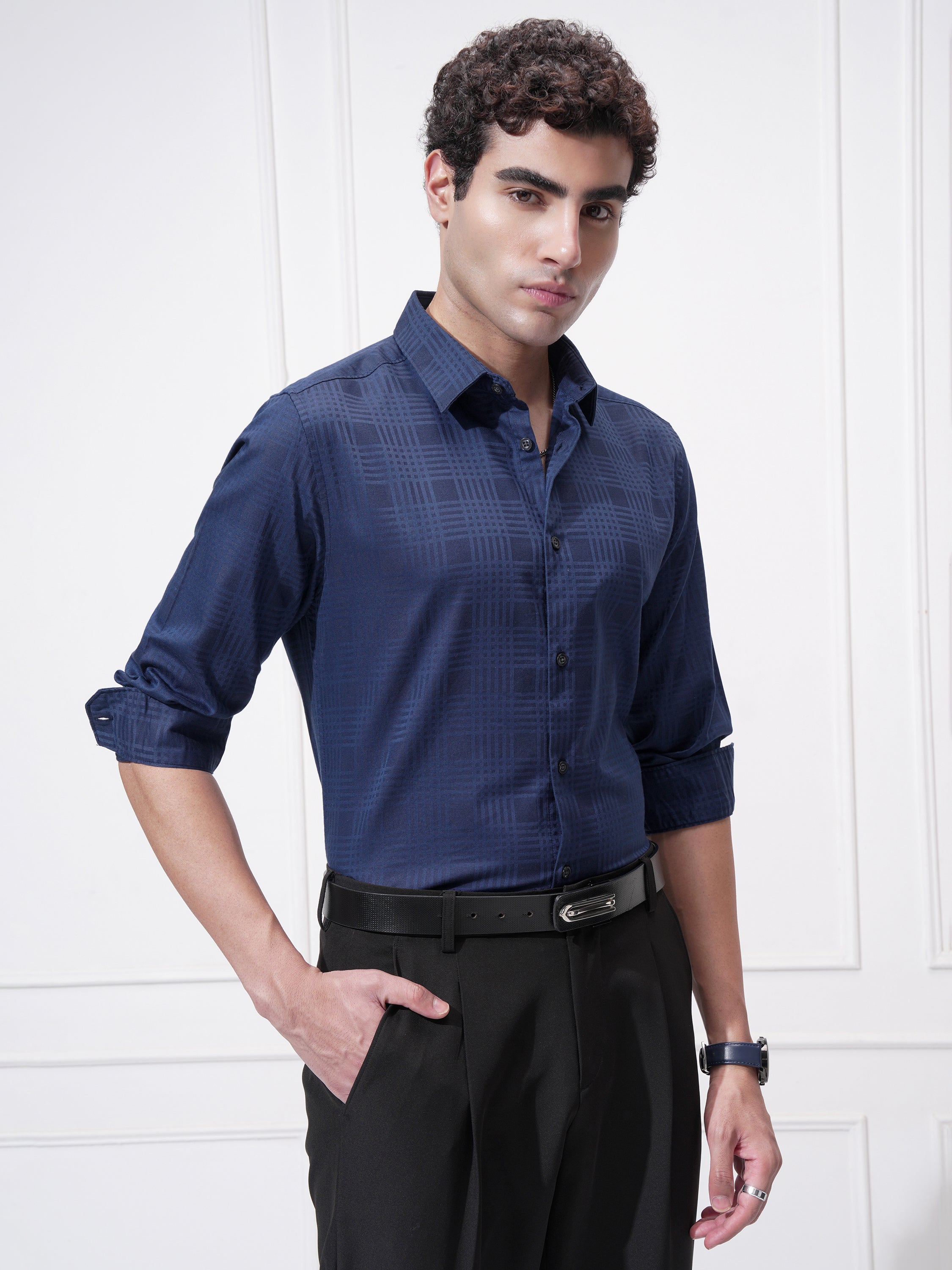 Highlander Men Blue Self Design Slim Fit Casual Shirt - Blue - Image 6