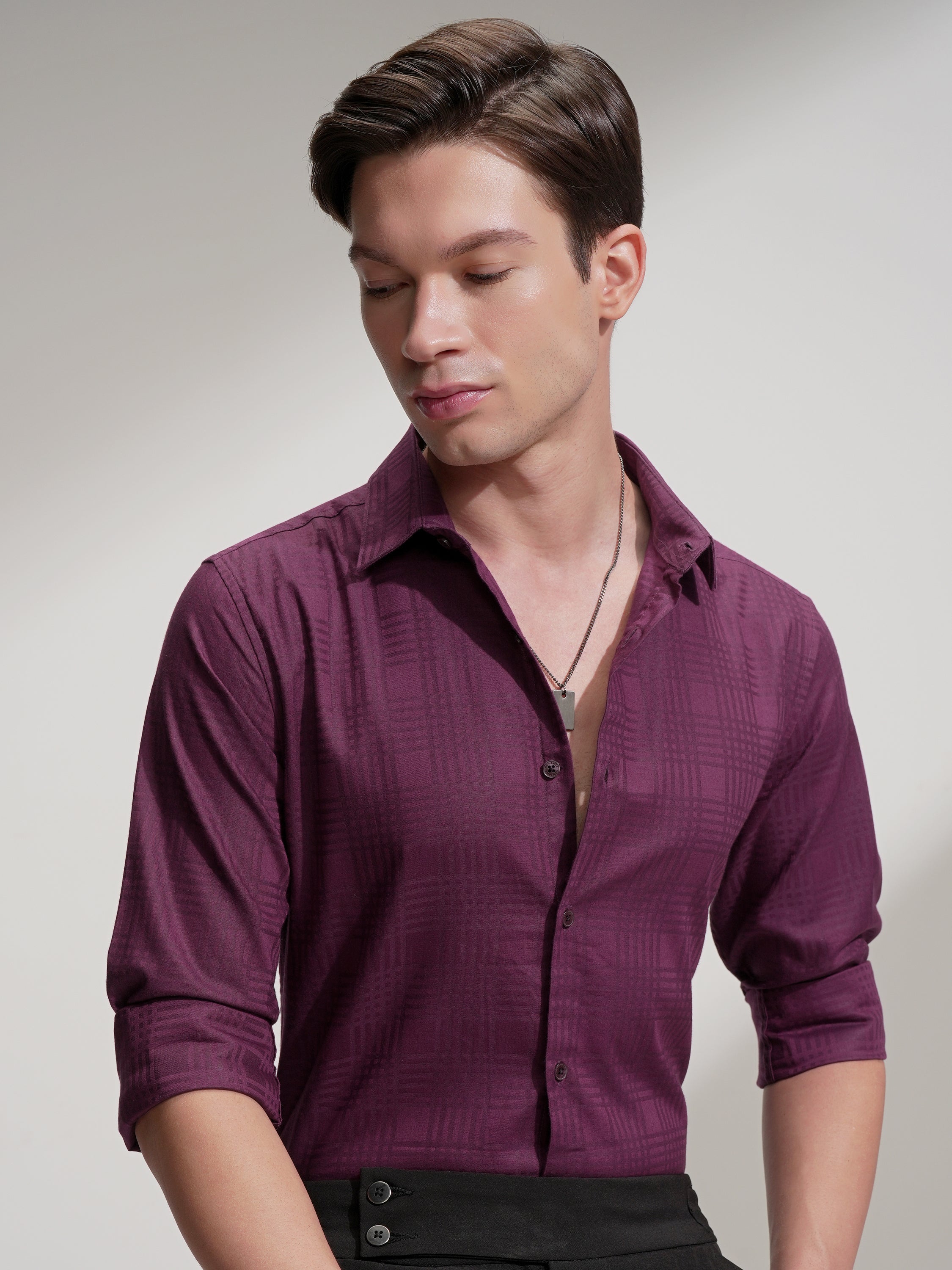 Highlander Men Burgundy Self Design Slim Fit Casual Shirt - Burgundy - Image 1