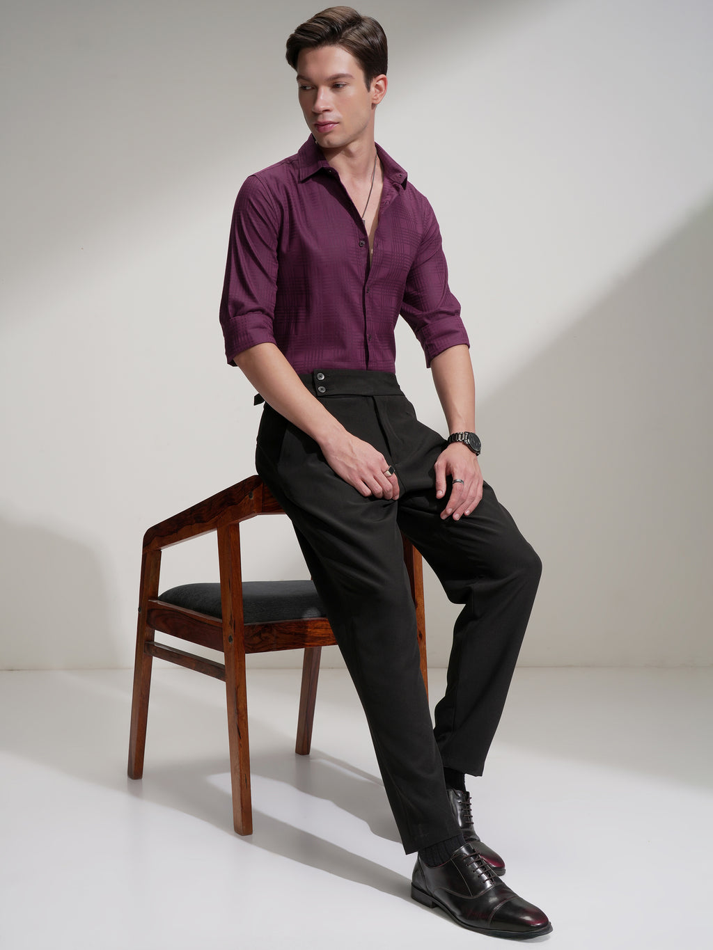 Highlander Men Burgundy Self Design Slim Fit Casual Shirt - Burgundy - Image 2