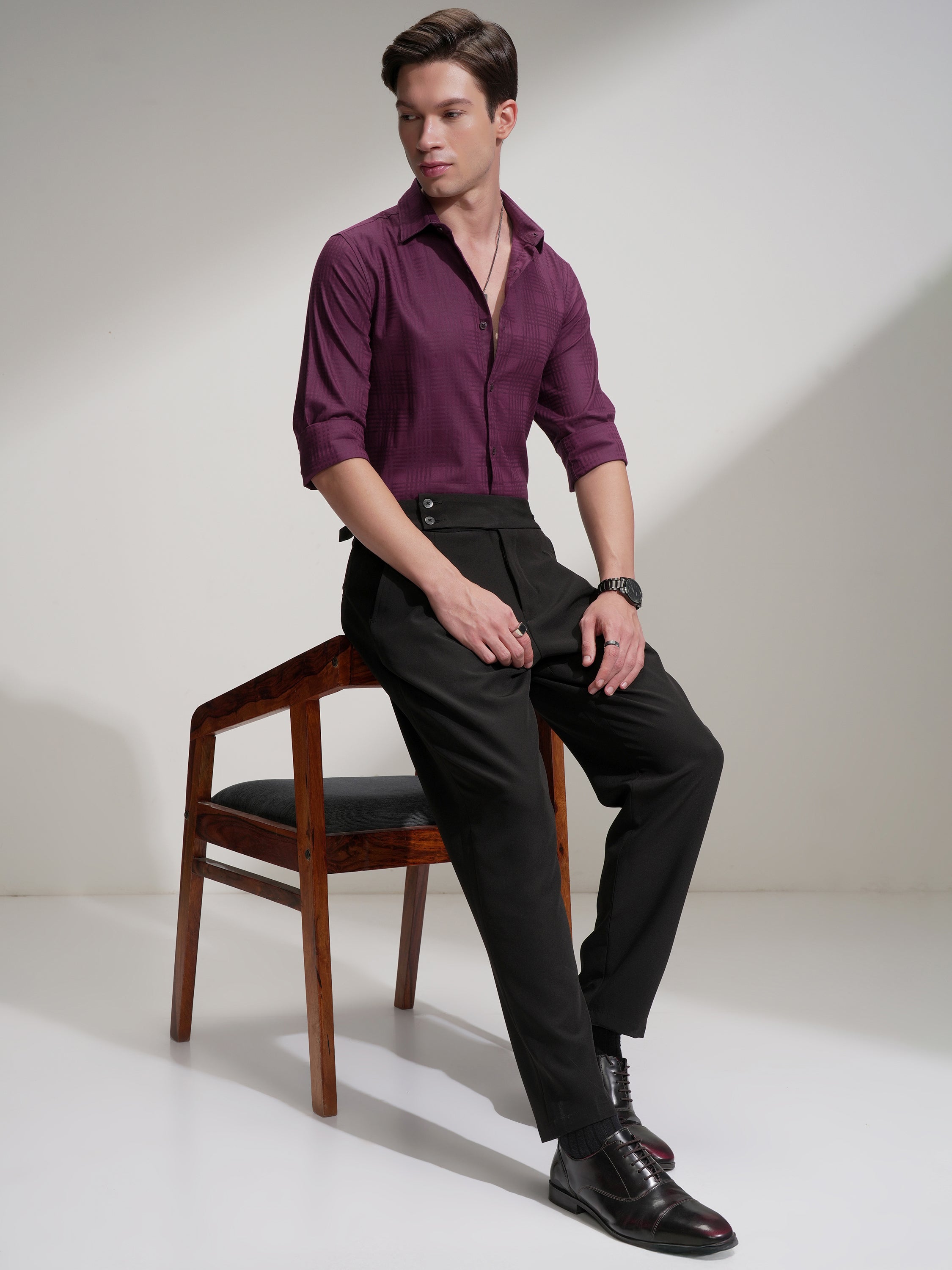 Highlander Men Burgundy Self Design Slim Fit Casual Shirt - Burgundy - Image 2