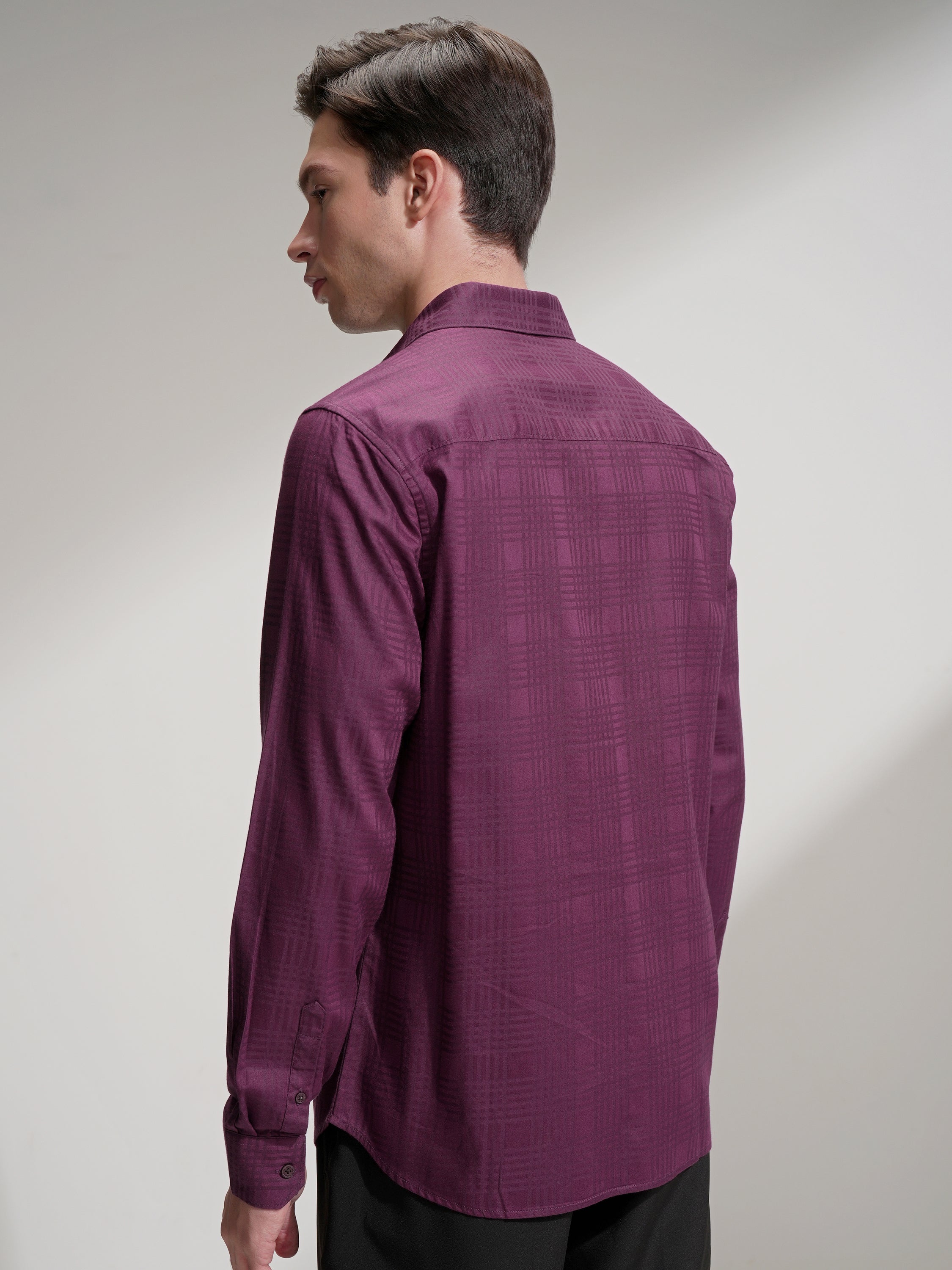 Highlander Men Burgundy Self Design Slim Fit Casual Shirt - Burgundy - Image 3
