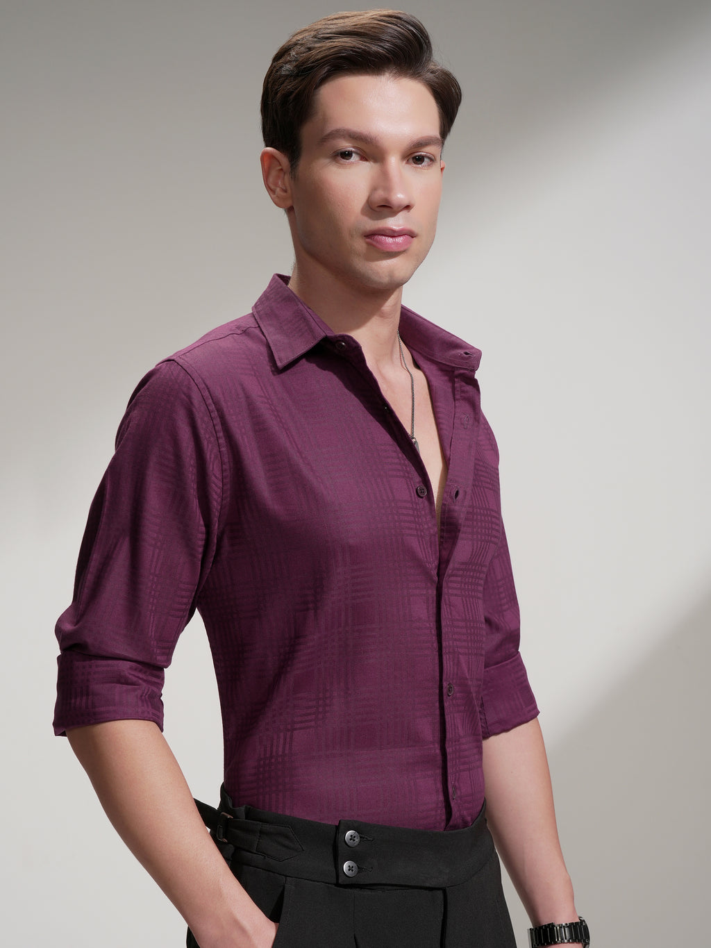 Highlander Men Burgundy Self Design Slim Fit Casual Shirt - Burgundy - Image 6