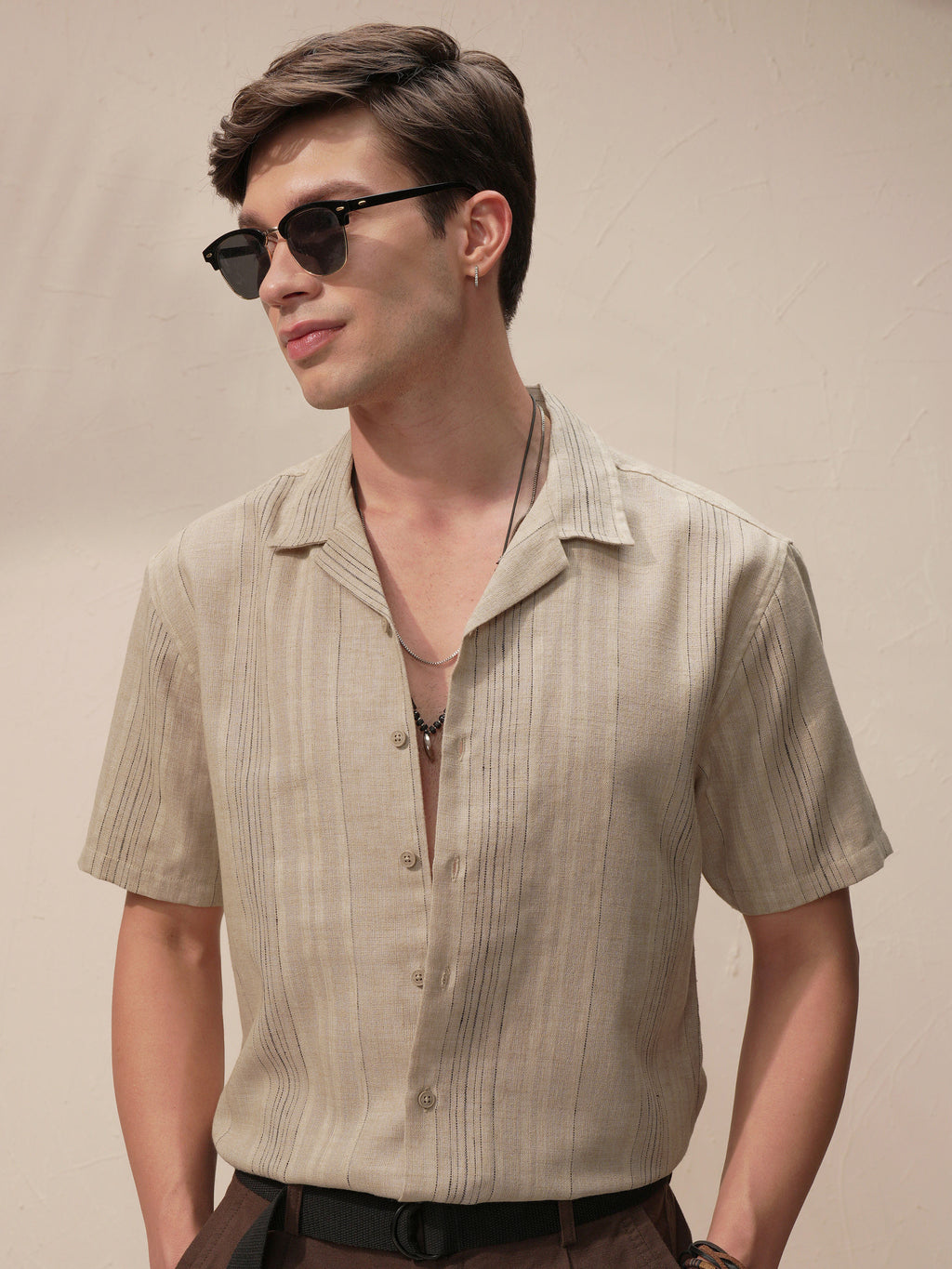 Highlander Men Khaki Striped Relaxed Fit Casual Shirt - Khaki - Image 1