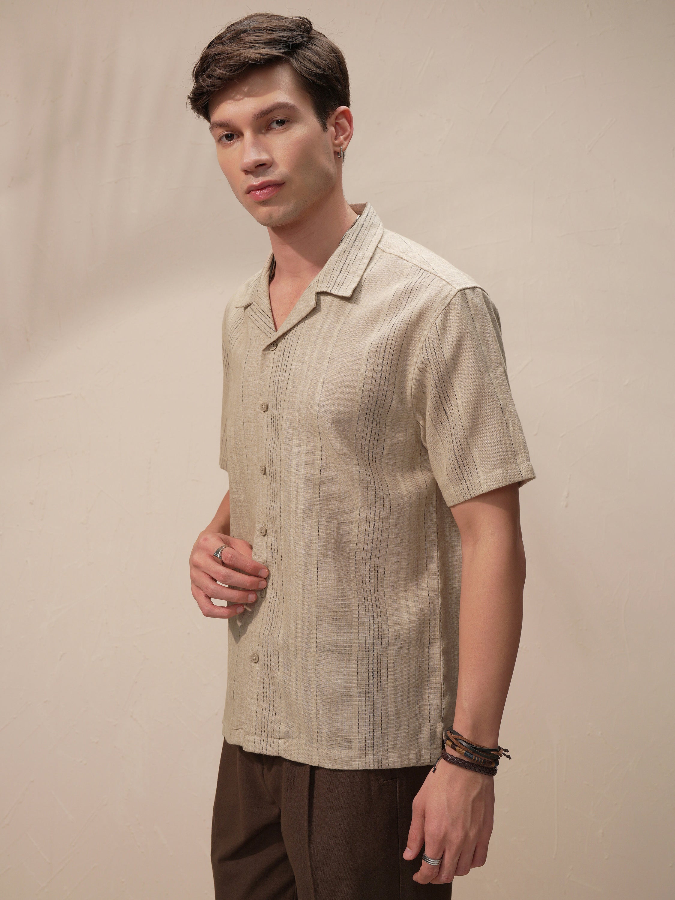 Highlander Men Khaki Striped Relaxed Fit Casual Shirt - Khaki - Image 4