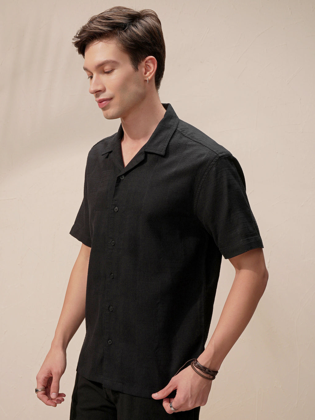 Highlander Men Black Self Design Relaxed Fit Casual Shirt - Black - Image 4