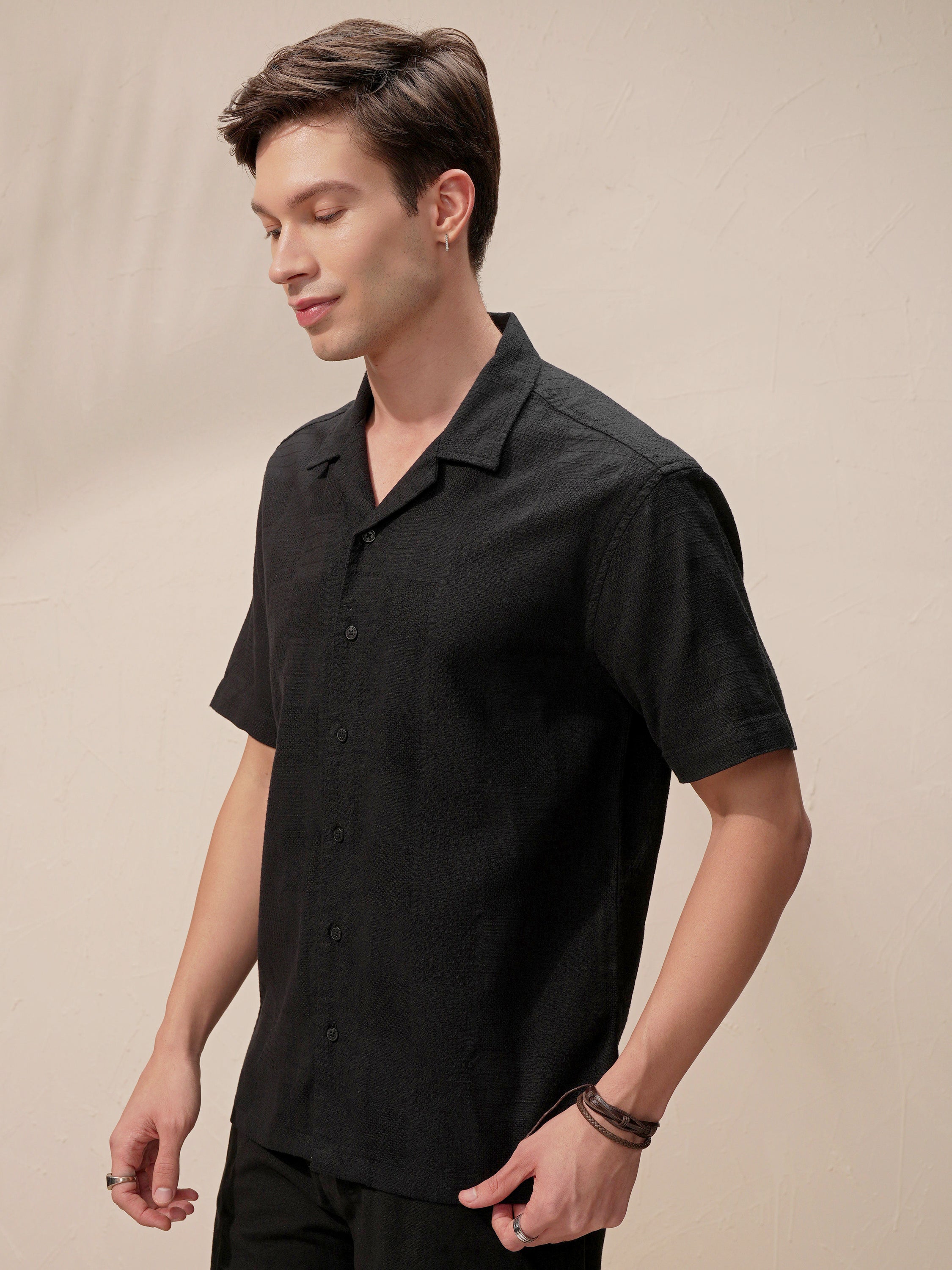 Highlander Men Black Self Design Relaxed Fit Casual Shirt - Black - Image 4