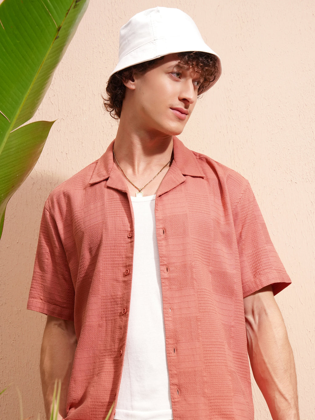 Highlander Men Peach Self Design Relaxed Fit Casual Shirt - Peach - Image 1