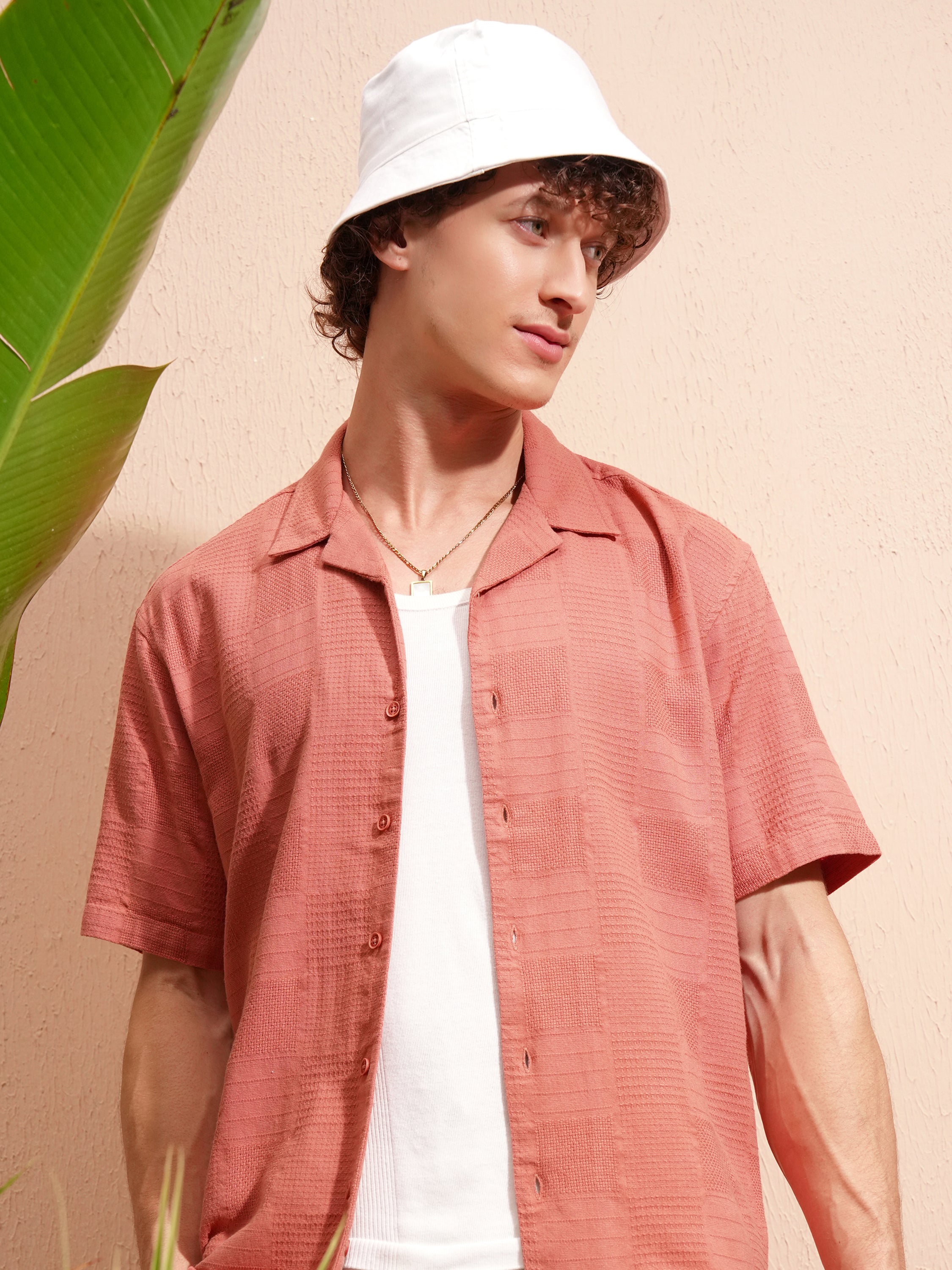 Highlander Men Peach Self Design Relaxed Fit Casual Shirt - Peach - Image 1