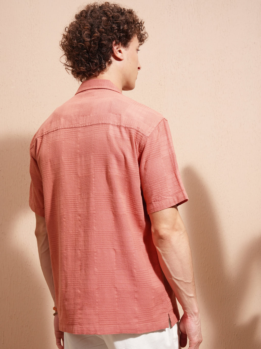 Highlander Men Peach Self Design Relaxed Fit Casual Shirt - Peach - Image 3