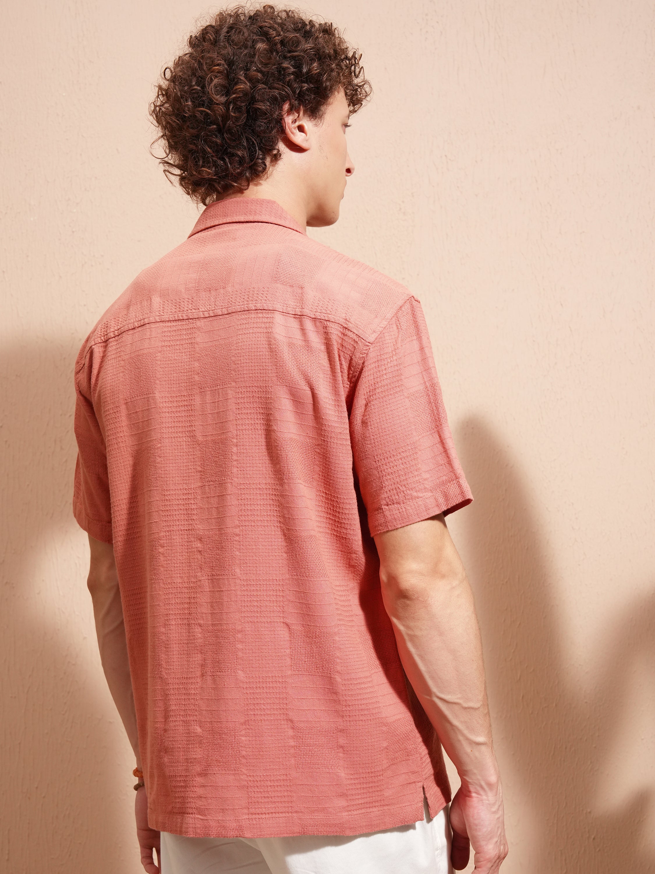 Highlander Men Peach Self Design Relaxed Fit Casual Shirt - Peach - Image 3