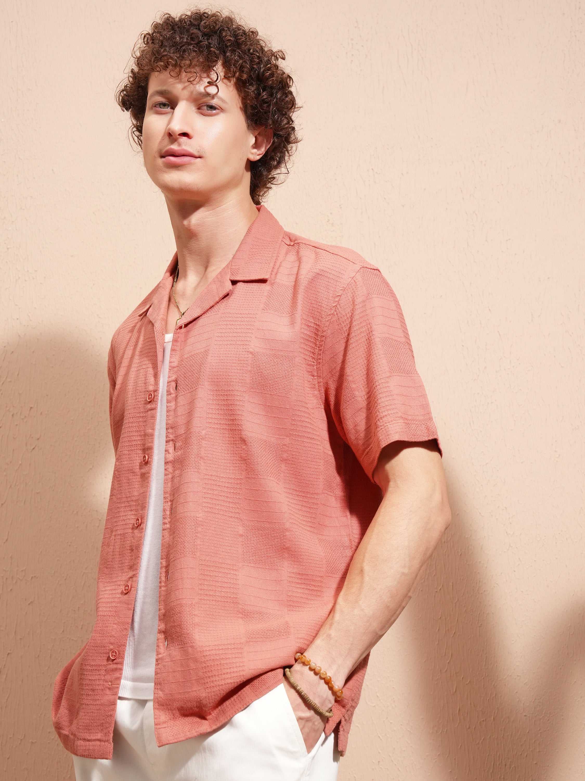 Highlander Men Peach Self Design Relaxed Fit Casual Shirt - Peach - Image 4