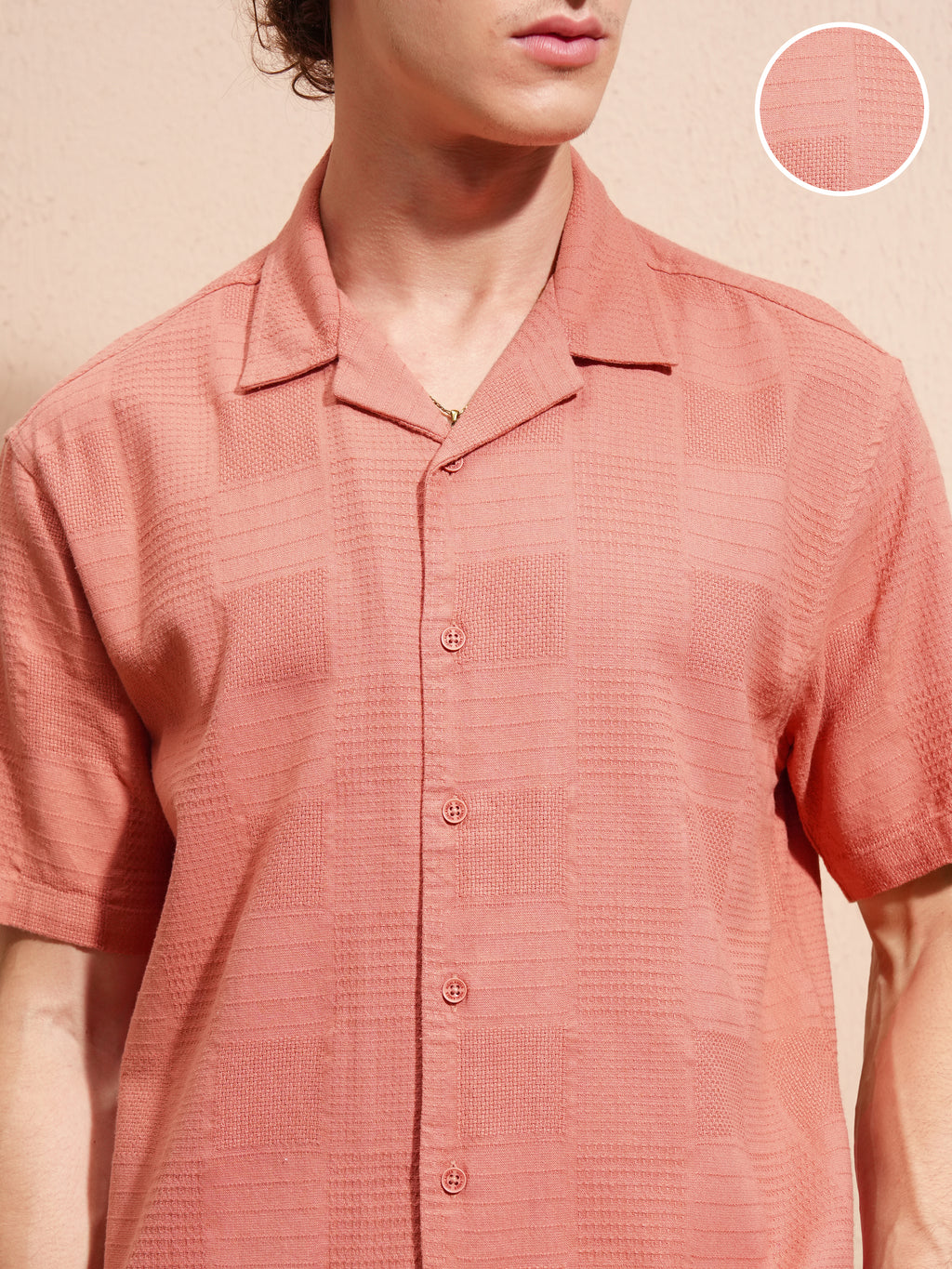 Highlander Men Peach Self Design Relaxed Fit Casual Shirt - Peach - Image 5