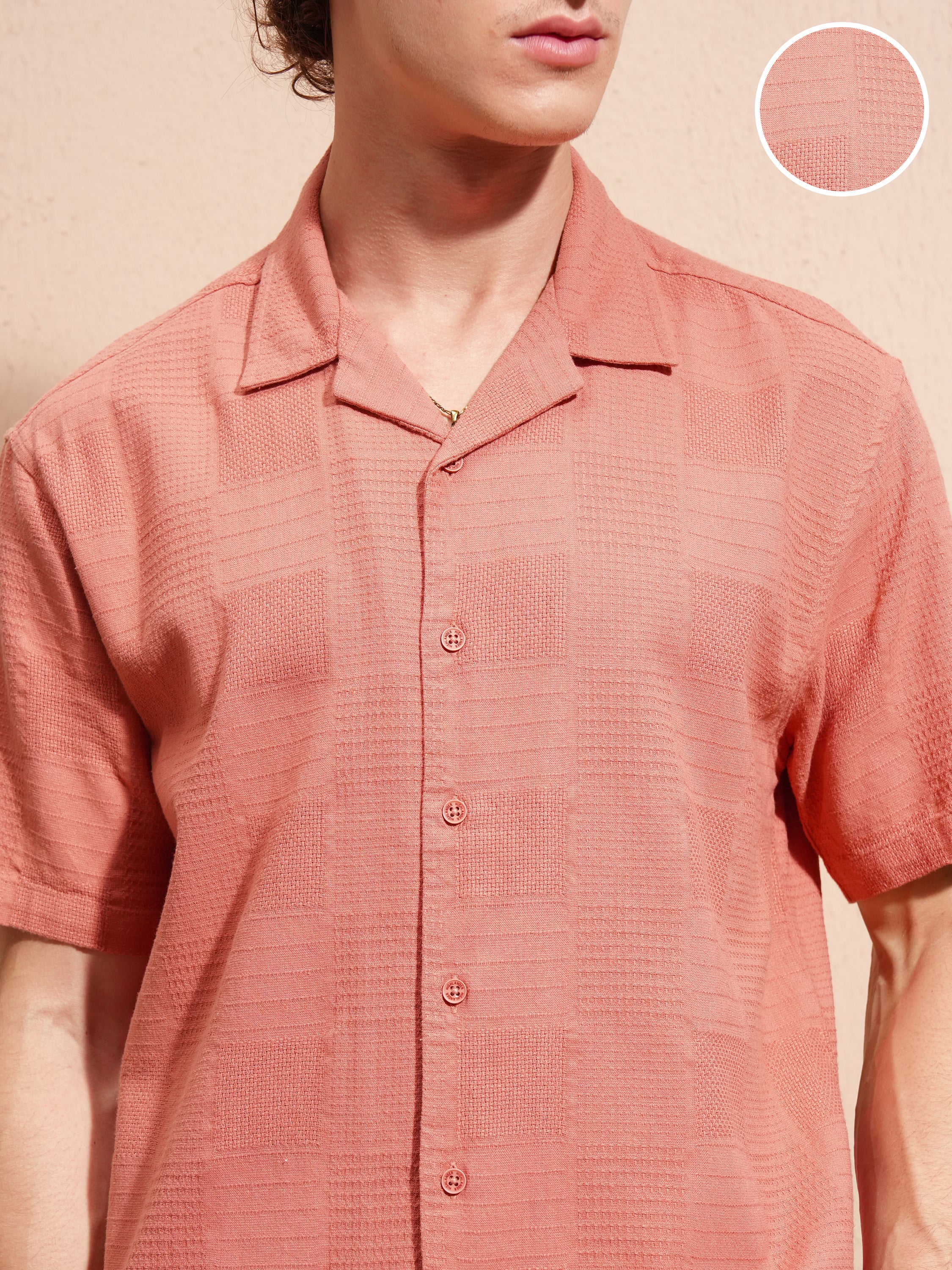 Highlander Men Peach Self Design Relaxed Fit Casual Shirt - Peach - Image 5
