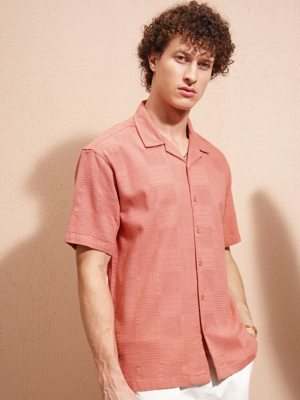 Highlander Men Peach Self Design Relaxed Fit Casual Shirt - Peach - Image 6