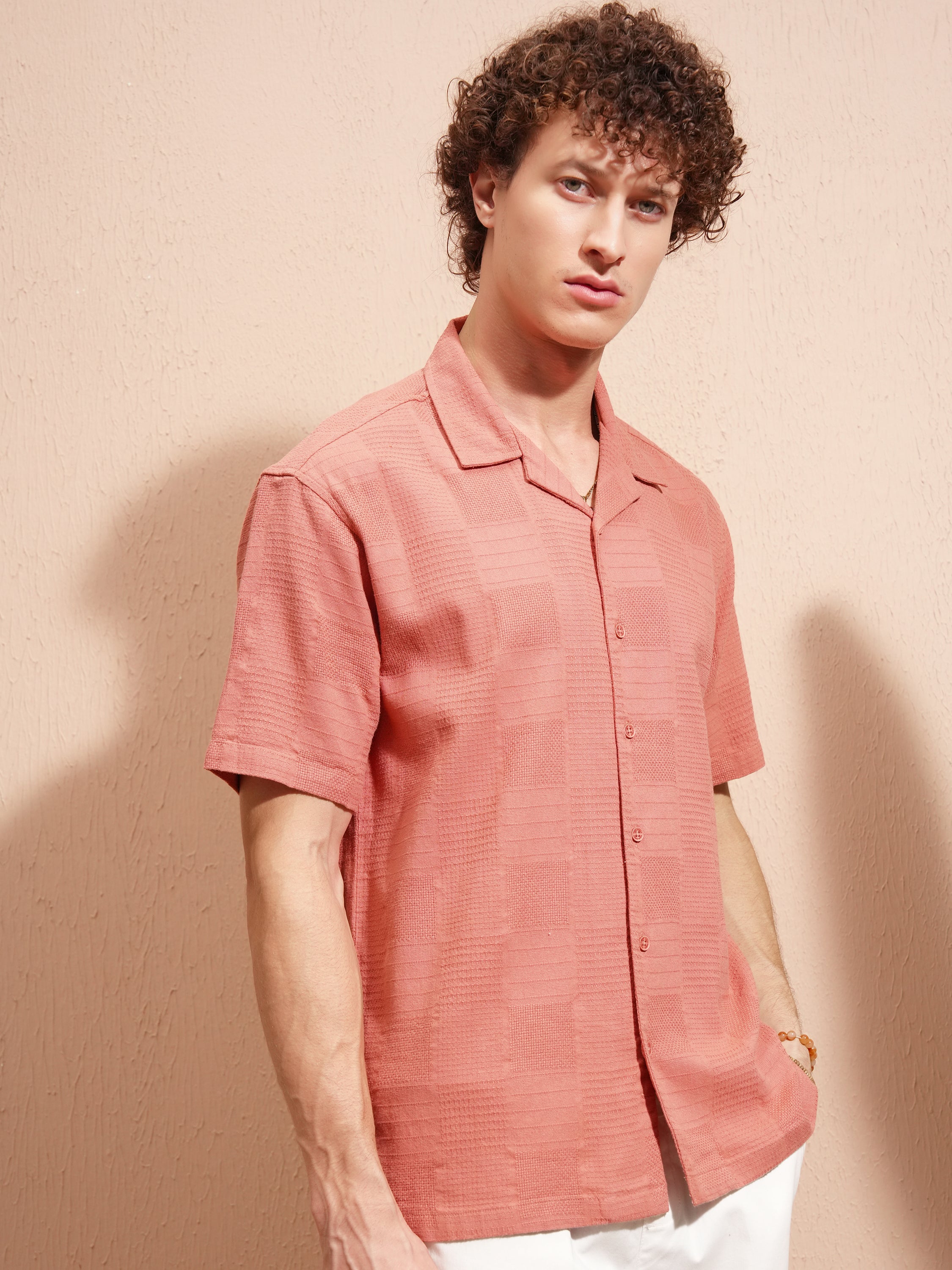 Highlander Men Peach Self Design Relaxed Fit Casual Shirt - Peach - Image 6